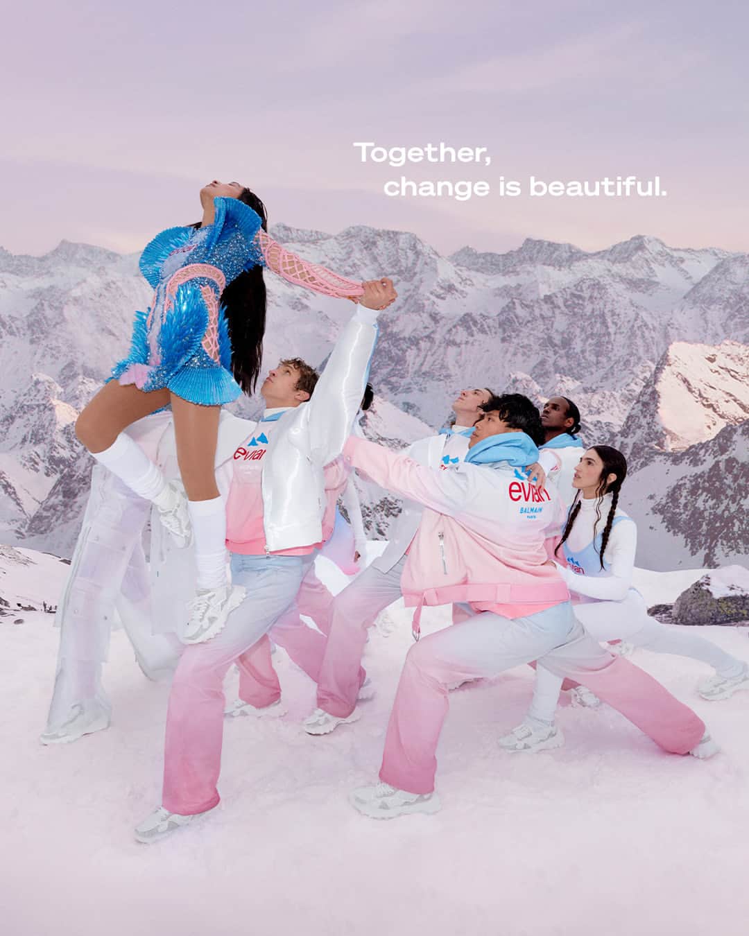 evianのインスタグラム：「BALMAIN x EVIAN​  The #BALMAINxEVIAN capsule ​collection proves that Together, Change is Beautiful. ​  Determined to continue pushing the possibilities of sustainable fashion, @Balmain and @Olivier_Rousteing worked to incorporate a wide variety of materials in this exclusive offering. Deftly pairing classic sportswear silhouettes with shades of soft pastels that one immediately associates with Balmain runways, the evian universe and, above all, the joys of summer.​ ​  Click our bio link to discover the collection ​ on Balmain.com」