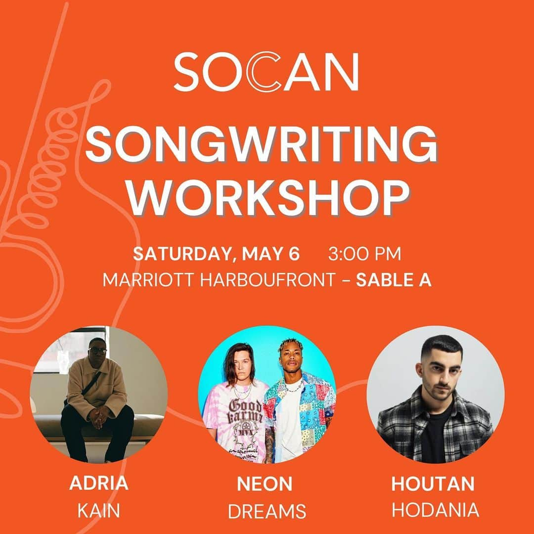 SOCANのインスタグラム：「Heading to #Halifax for @eastcoastmusicassoc week? Don’t miss our Songwriting workshop on May 6 with @adriakain and @neondreams. Registration link in bio」