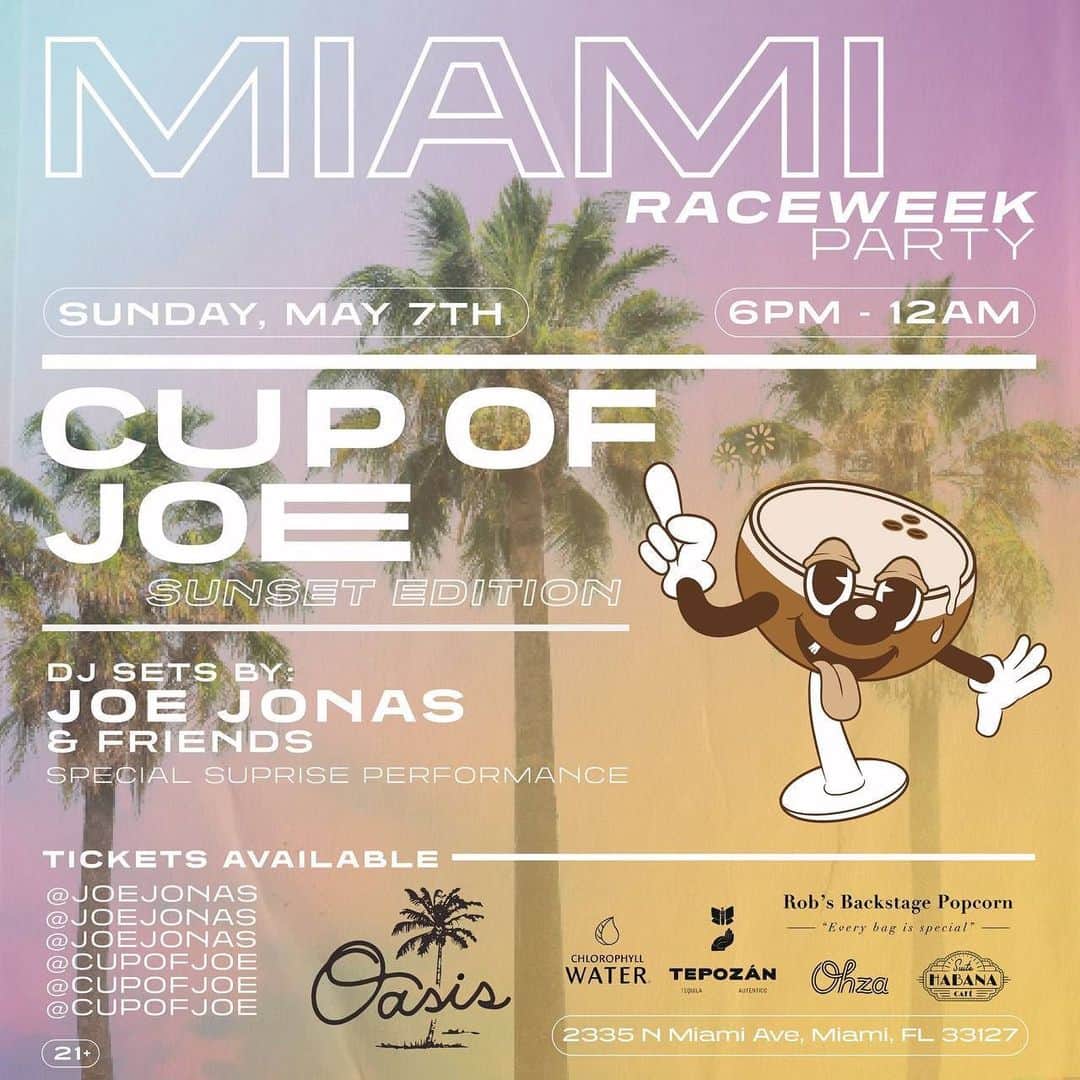 ジョー・ジョナスのインスタグラム：「We’re bringing Cup Of Joe Night back to Miami at @oasiswynwood on Sunday, May 7th!! Tickets are on-sale at 10am ET tomorrow at cupofjoe.co 🌴」