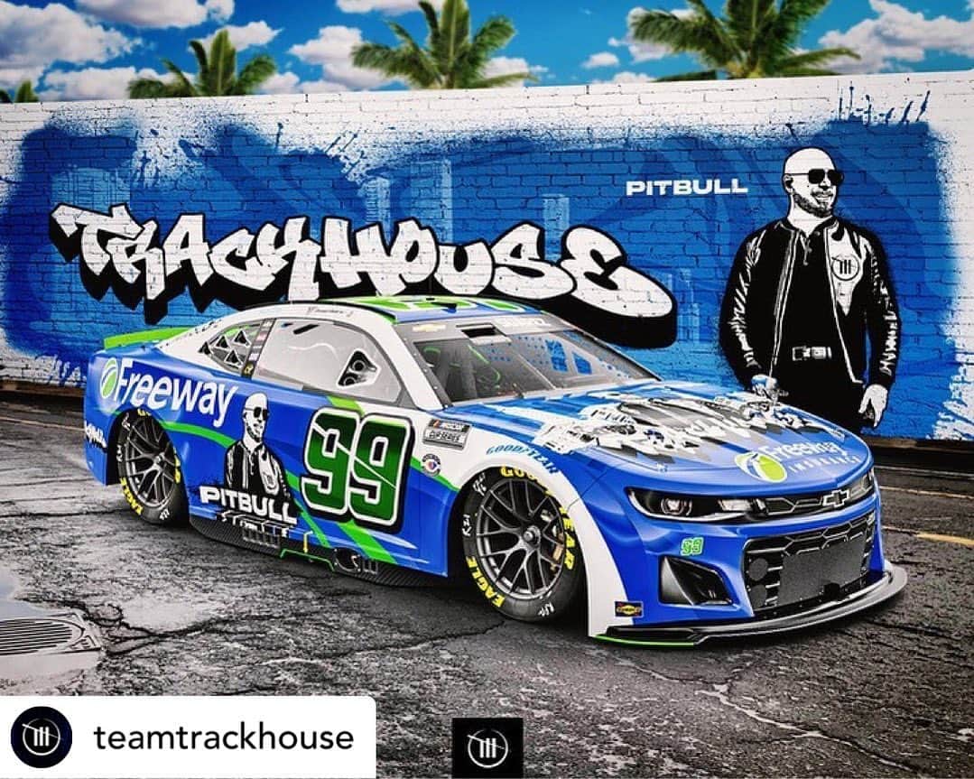 ピットブルのインスタグラム：「Repost from @teamtrackhouse 🔁  "Buckle up, @pitbull.  @daniel_suarezg bout to take you for a WILD ride in Dover. 😎"」