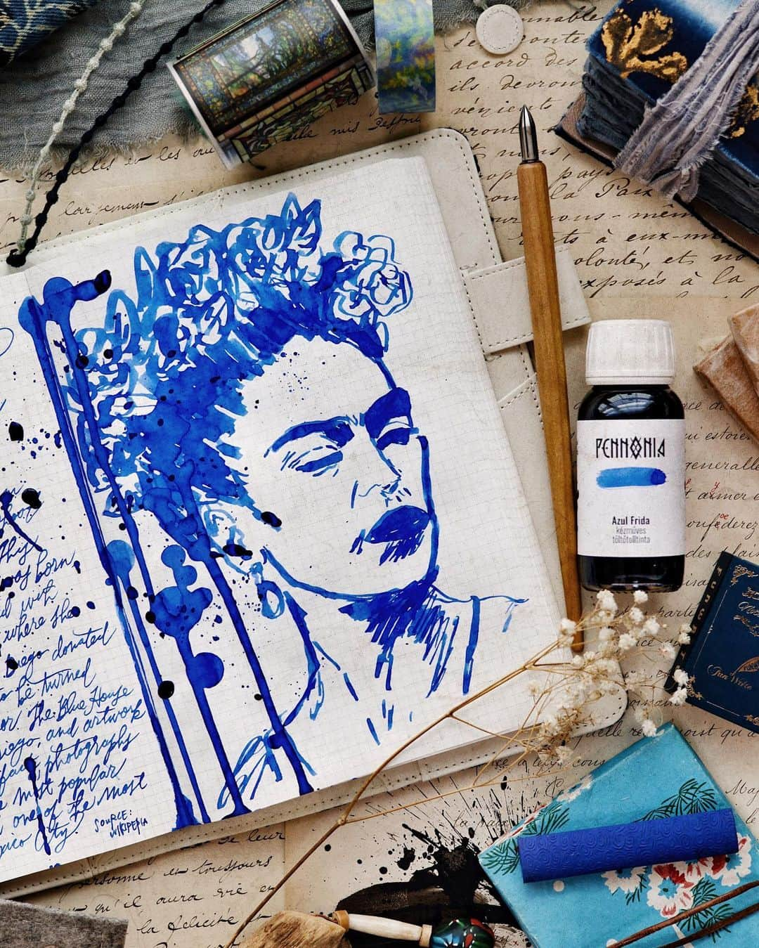 Catharine Mi-Sookさんのインスタグラム写真 - (Catharine Mi-SookInstagram)「Introducing one of my favorite inks to-date, Frida Azul by @pennonia.ink for @amarillostationery. A sumptuous cobalt blue inspired by the house where Frida Kahlo was birthed, where she grew up, the house that always remained home, the very place where she drew her last breath. It is infamously known as the Blue House, now formally Museo Frida Kahlo, located in the Colonia del Carmen of Coyoacán in Mexico City. After her death, Diego Rivera who was married to Frida, donated the house and everything within it to be a museum honoring her life and work. It is filled with Friday’s artwork as well as Diego’s and pieces they collected alongside personal relics and photographs strewn throughout each room. The outer walls of Frida’s home were painted a vibrant cobalt blue hence the name the Blue House, the inspiration behind Azul Frida, a richly beautiful ink that is an absolute dream to write and draw with. Available now at @amarillostationery!  My heartfelt thanks to @_erickgama_ of @amarillostationery for sending me a bottle of Azul Frida in advance to create with and celebrate this exciting release. He is one of the kindest souls whom I’ve had the gift to connect with here and his shop @amarillostationery is chalked full with unique and hard to find stationery goodies (including my favorite Kakimori nib and nib holder). Thank you so much again, Erick @amarillostationery and congratulations on the wonderful Azul Frida ink release!」4月26日 23時34分 - catharinemisook