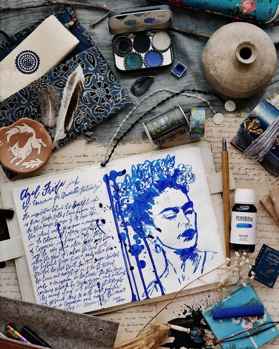 Catharine Mi-Sookのインスタグラム：「Introducing one of my favorite inks to-date, Frida Azul by @pennonia.ink for @amarillostationery. A sumptuous cobalt blue inspired by the house where Frida Kahlo was birthed, where she grew up, the house that always remained home, the very place where she drew her last breath. It is infamously known as the Blue House, now formally Museo Frida Kahlo, located in the Colonia del Carmen of Coyoacán in Mexico City. After her death, Diego Rivera who was married to Frida, donated the house and everything within it to be a museum honoring her life and work. It is filled with Friday’s artwork as well as Diego’s and pieces they collected alongside personal relics and photographs strewn throughout each room. The outer walls of Frida’s home were painted a vibrant cobalt blue hence the name the Blue House, the inspiration behind Azul Frida, a richly beautiful ink that is an absolute dream to write and draw with. Available now at @amarillostationery!  My heartfelt thanks to @_erickgama_ of @amarillostationery for sending me a bottle of Azul Frida in advance to create with and celebrate this exciting release. He is one of the kindest souls whom I’ve had the gift to connect with here and his shop @amarillostationery is chalked full with unique and hard to find stationery goodies (including my favorite Kakimori nib and nib holder). Thank you so much again, Erick @amarillostationery and congratulations on the wonderful Azul Frida ink release!」