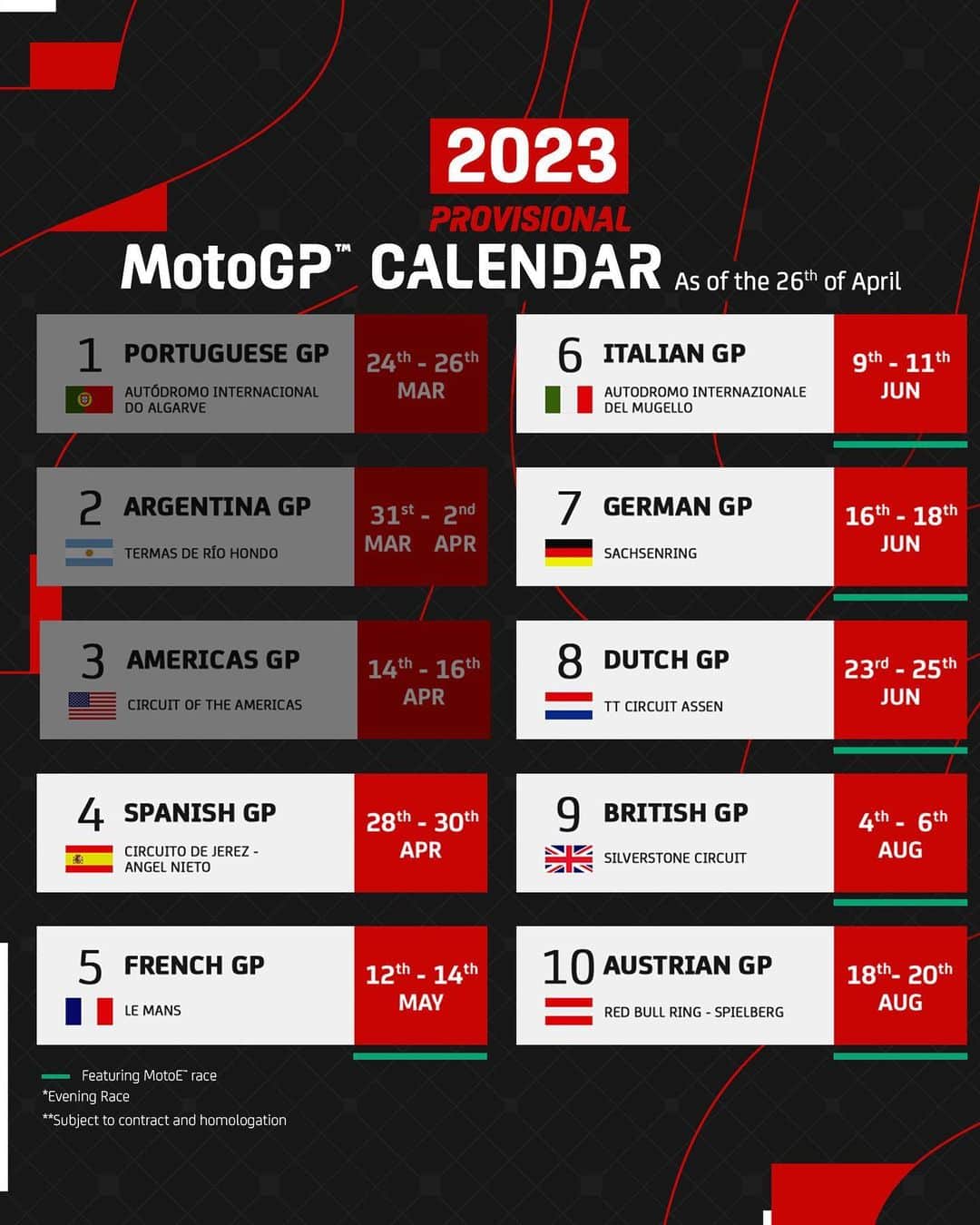 MotoGPさんのインスタグラム写真 - (MotoGPInstagram)「Still 17 race weekends to look forward to 🏁 Check out the updated version of the 2023 season calendar! 📅   #MotoGP #Motorsport #Motorcycle #Racing」4月26日 23時30分 - motogp