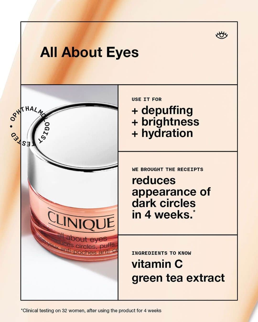 クリニークさんのインスタグラム写真 - (クリニークInstagram)「The eyes have it.   Here's the 101 on our classic depuffing cream.   #skincare #eyecream #skincareingredients #vitaminc #ophthalmologisttested   *Clinical testing on 32 women, after using the product for 4 weeks」4月26日 23時56分 - clinique