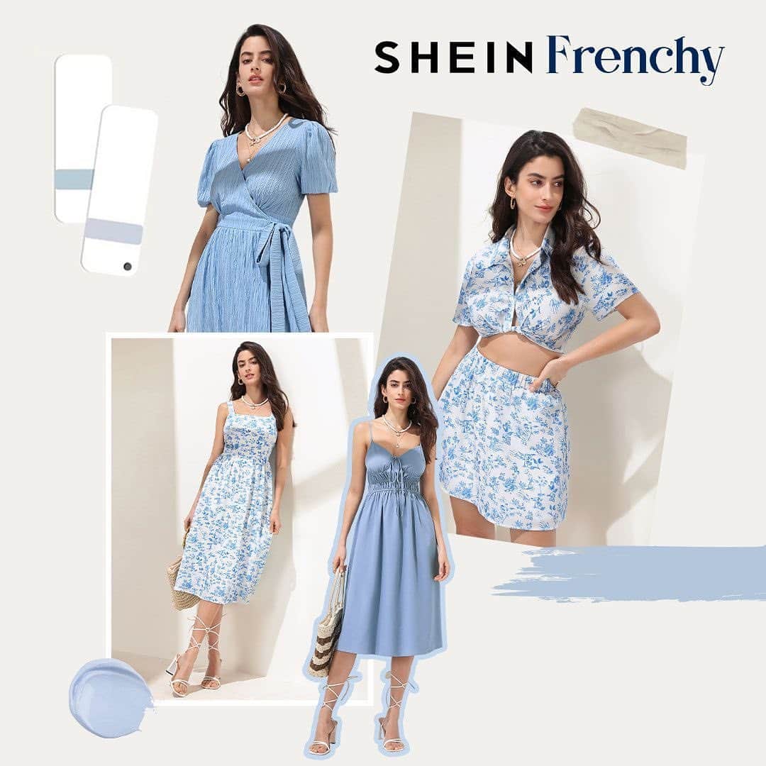 SHEINのインスタグラム：「Which matching set is your vibe to feel très chic? Flower power or striped hype? 🌸 💙   🔎14806427 14806525 14787296 14761947 14762217 14762210 14761949  #SHEINFrenchy」