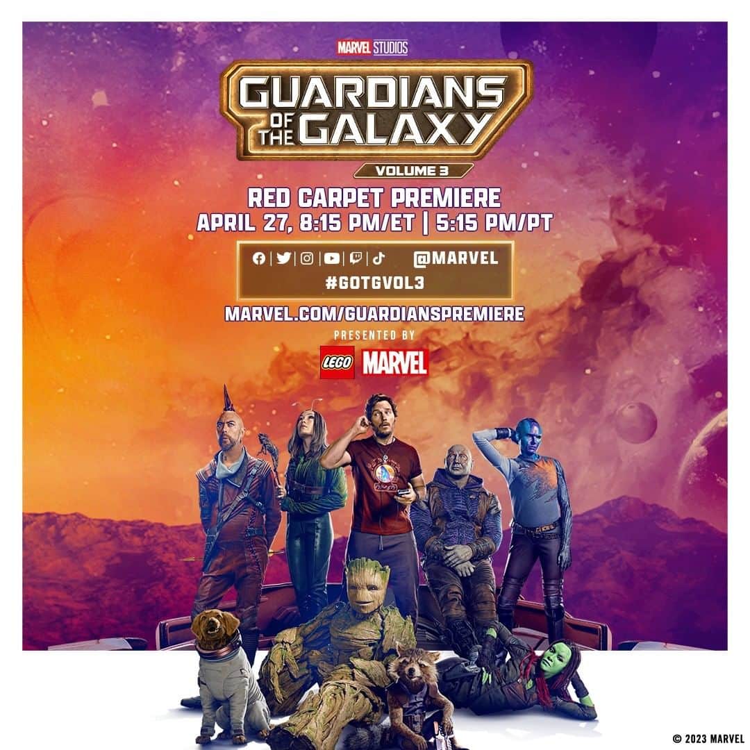 Marvel Entertainmentさんのインスタグラム写真 - (Marvel EntertainmentInstagram)「TOMORROW! We'll be LIVE from the World Premiere of Marvel Studios’ Guardians of the Galaxy Vol. 3 at 8:15PM ET/5:15PM PT. Tune in at marvel.com/guardianspremiere to watch the livestream, presented by @LEGO, and follow along on our social accounts for more coverage from the event! #ad #GotGVol3」4月27日 0時00分 - marvel