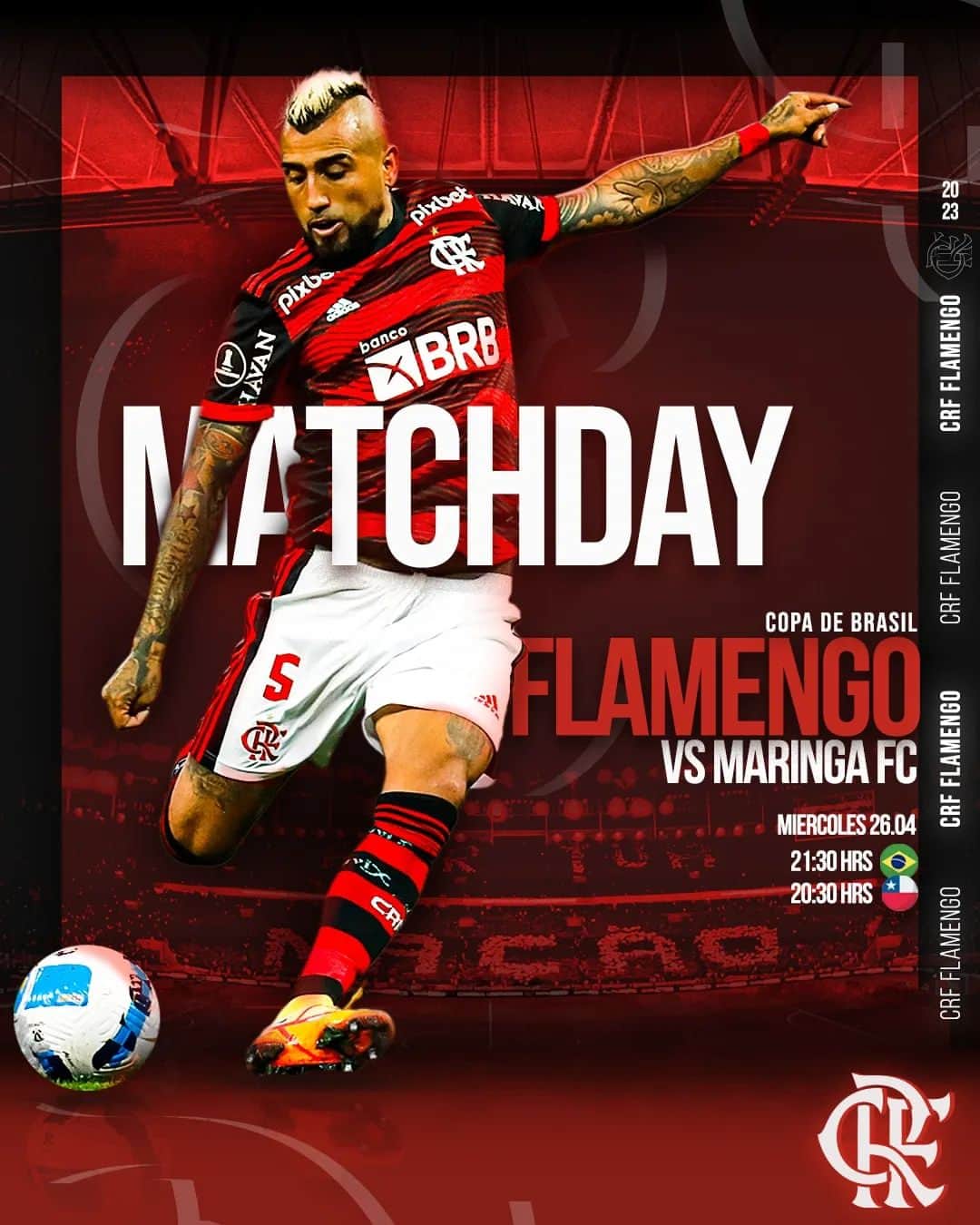 アルトゥーロ・ビダルのインスタグラム：「ES HOY!! Listos para una nueva batalla, todos juntos por la clasificación!! Vamos @flamengo ❤️🖤  21:30 🇧🇷 20:30 🇨🇱  #FLAxMAR #VAMOSFLAMENGO」
