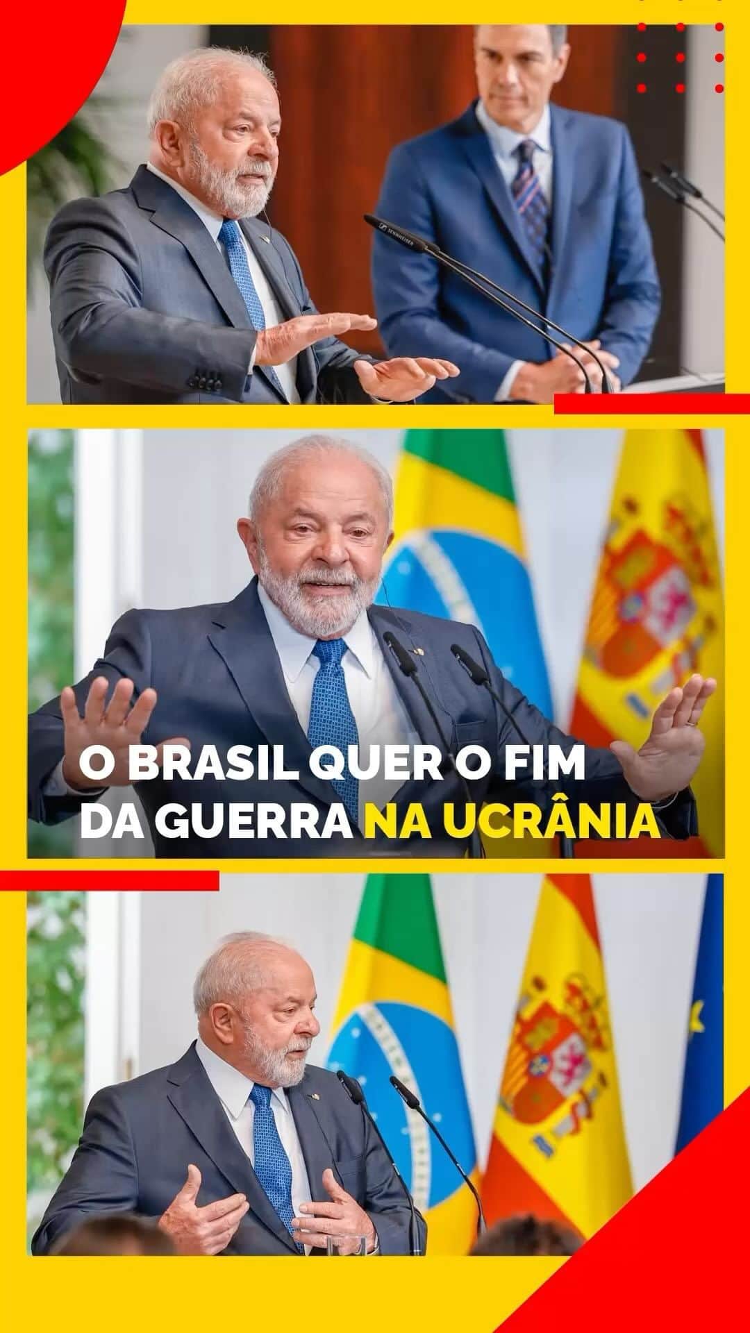 のインスタグラム：「Na Espanha, o presidente @lulaoficial respondeu a perguntas da imprensa e reafirmou a posição do Brasil: “queremos o fim da guerra na Ucrânia”.   Ao lado de @sanchezcastejon, presidente do Governo da Espanha, o presidente relembrou a recusa do Brasil em vender mísseis que poderiam ser usados nesse conflito. “O Brasil não quer entrar na guerra. O Brasil quer entrar numa zona de paz”.   🎥 @ricardostuckert」