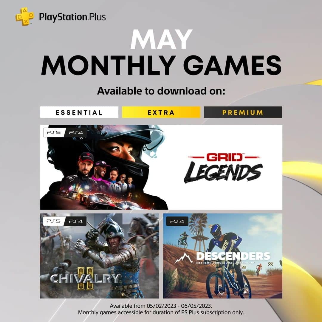 PlayStationのインスタグラム：「The PlayStation Plus Monthly Games for May are:  ➕ GRID Legends ➕ Chivalry 2 ➕ Descenders  Full details on PlayStation Blog.」