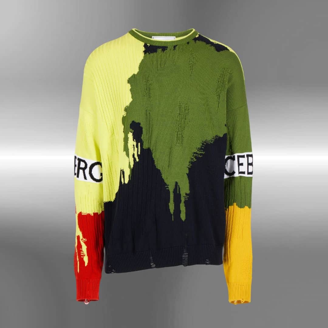 アイスバーグのインスタグラム：「An harmonious collaboration between sweater, abstract art and colour. This ICEBERG men's sweatshirt in mako cotton is the perfect piece for those in search of statement fashio thanks to Its unique appearance is achieved with a combination of inlay and mixed stitching techniques.  www.iceberg.com  #iceberg1974 #ss23 #knitwear」