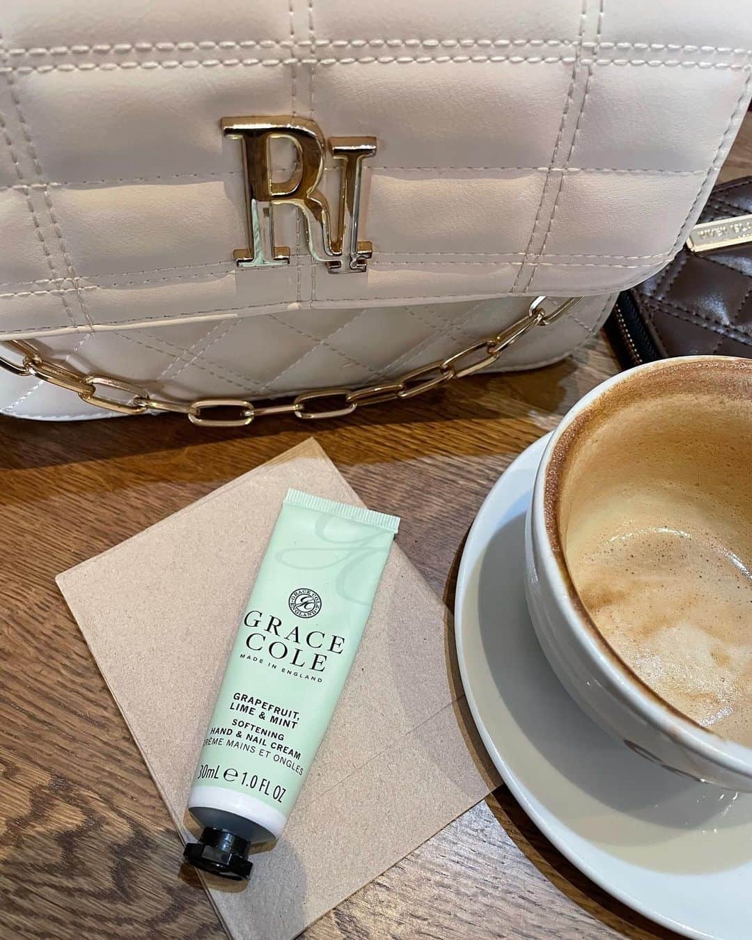 Grace Coleのインスタグラム：「Coffee with cream ☕🤍⁠ ⁠ Treat your hands to a hit of hydration on the go with our Hand & Nail Cream. Perfect to keep in your handbag or on your office desk, it delivers a dose of rich moisture and delicate perfume!⁠ ⁠ Tap to shop for just £6 and get a FREE body ball with your order 🛒⁠ ⁠ 📷️ @a_life_insquares」