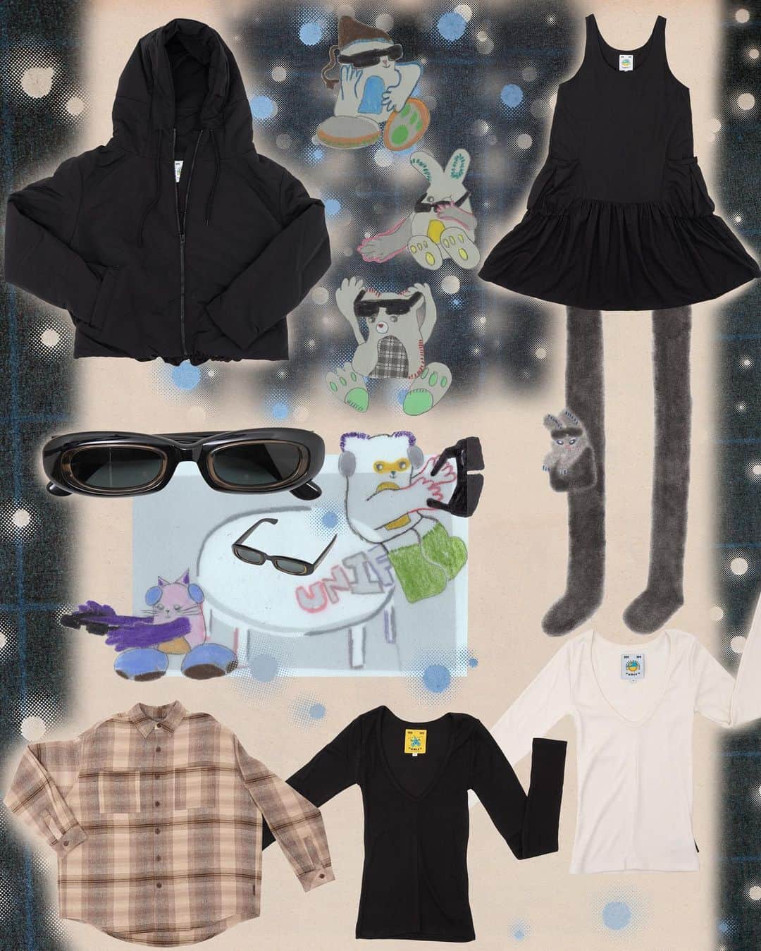 UNIFのインスタグラム：「Neiro Jacket ✶ Binky Dress ✶ The Skies ✶ Scoop neck 2-pack ✶ Landmark button down (coming soon)  collage ᵇʸ @uou___cute ꩜」