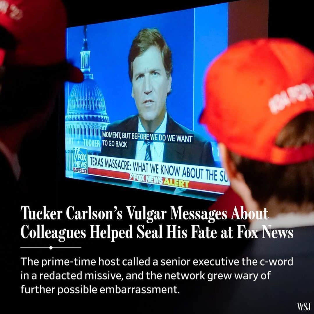 Wall Street Journalさんのインスタグラム写真 - (Wall Street JournalInstagram)「Several weeks ago, as Fox News lawyers prepared for a courtroom showdown with Dominion Voting Systems, they presented Tucker Carlson with what they thought was good news: They had persuaded the court to redact from a legal filing the time he called a senior Fox News executive the c-word, according to people familiar with the matter.⁠ ⁠ Carlson, Fox News’s most-watched prime-time host, wasn’t impressed. He told his colleagues that he wanted the world to know what he had said about the executive in a private message, the people said. Carlson said comments he made about former President Donald Trump—“I hate him passionately”—that were in the court documents were said during a momentary spasm of anger, while his dislike of this executive was deep and enduring.⁠ ⁠ The messages were part of a trove of emails and texts from Fox executives and hosts that were made public as a result of Dominion’s defamation lawsuit. The voting-machine company accused Fox networks of airing false claims by hosts and guests that Dominion helped rig the outcome of the 2020 U.S. presidential election in favor of Joe Biden. Fox News last week agreed to pay $787.5 million to settle the dispute.⁠ ⁠ On Monday, Carlson’s famously combative stance toward members of Fox News management and other colleagues caught up with him, as the network abruptly announced it was parting ways with him, just minutes after informing Carlson of the change.⁠ ⁠ The private messages in which Carlson showed disregard for management and colleagues were a major factor in that decision, according to other people familiar with the matter. Although many portions of the Dominion court documents are redacted, there is concern among Fox Corp. executives that if the redacted material were to become public, it would lead to further embarrassment for the network and parent company.⁠ ⁠ Carlson declined to comment on his departure.⁠ ⁠ Read more at the link in our bio.⁠ ⁠ Photo: Brynn Anderson/AP」4月27日 3時30分 - wsj