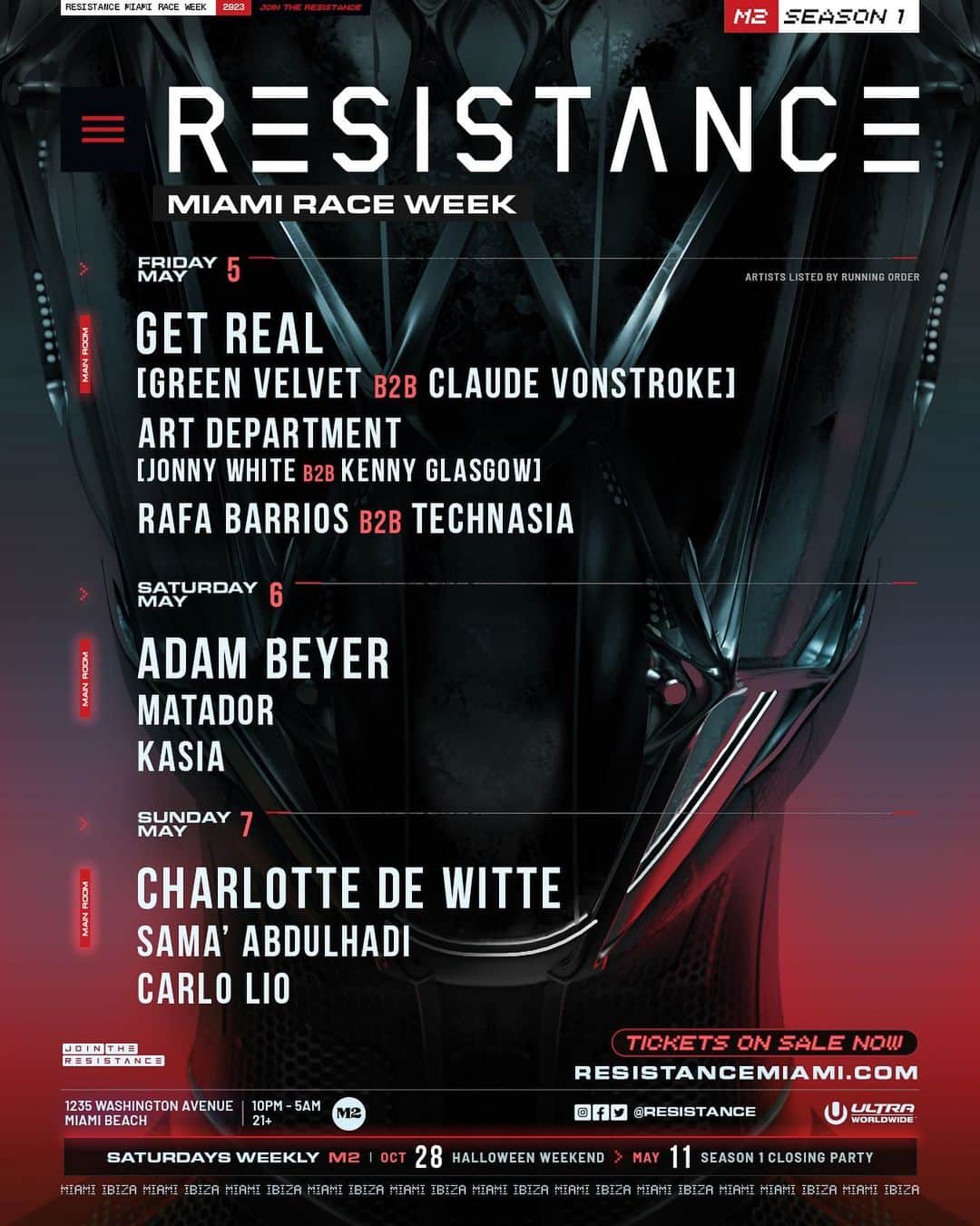 Ultra Music Festivalのインスタグラム：「🏎💨 Strap in, the full lineups for the RESISTANCE Miami Club Residency at M2 during Miami Race Week are out now! Join us from May 5-7 as we continue Season 1 of the #ResistanceResidency! #ResistanceMiami   Fri. May 5 - Get Real (@officialgreenvelvet B2B @vonstroke), @artdepartmentofficial (Jonny White B2B @kenny.glasgow.73), @rafabarriosdj B2B @technasiaofficial  Sat. May 6 - @realadambeyer, @matador_official, @kasia.music_ Sun. May 7 - @charlottedewittemusic @samaabdulhadiofficial, @carlolio  Don’t wait, limited tickets available ➡️ resistancemiami.com/tickets.   Table Reservations ➡️ resistancemiami.com/tables」
