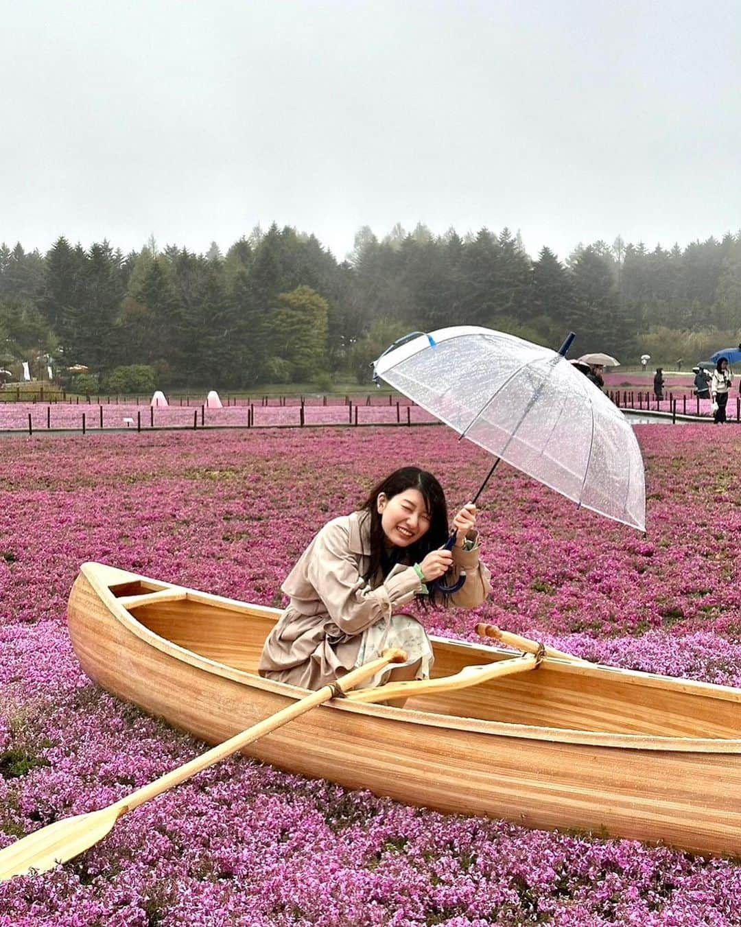 吉村恵里子さんのインスタグラム写真 - (吉村恵里子Instagram)「・ こんにちは🌞 昨日、TIMEのロケで山梨県河口湖に行ってきました！ 前からずっと楽しみにしていたロケで、あとはお天気次第！と思っていたのですが、なんと土砂降りでした。☔️笑  月曜と今日はこんなに天気いいのに、こんなこともあるんですねぇ🤣  ここまで雨降る？風吹く？というほどの荒れ具合。なかなか止まずタイミングを待っての撮影でした。  晴れれば富士山が綺麗に見え、絶景。見頃を迎えている芝桜とのコントラストが最高らしいのですが、富士山はご機嫌斜めで…（ ｉ _ ｉ ）何処へ〜。  ですが雨に濡れた芝桜は綺麗でしたし空気が美味しかったです☺️  関西出身の私にとって富士山を側で見たことがなく残念でしたがまたリベンジしようと思います！  #河口湖 #富士本栖湖リゾート #富士芝桜まつり #芝桜 #富士山 #ロケ」4月27日 16時10分 - yoshimura_eriko