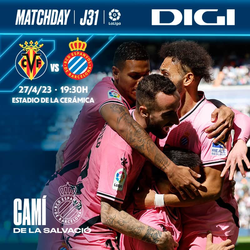 RCDエスパニョールのインスタグラム：「💪 Som-hi, pericos! A per totes!  🆚 @villarrealcf  🕙 19:30h 🏟️ Estadio de la Cerámica 📺 #EspanyolMEDIA / @movistarfutbol / @laligatvbar  #⃣ #VillarrealEspanyol #CamíDeLaSalvació」