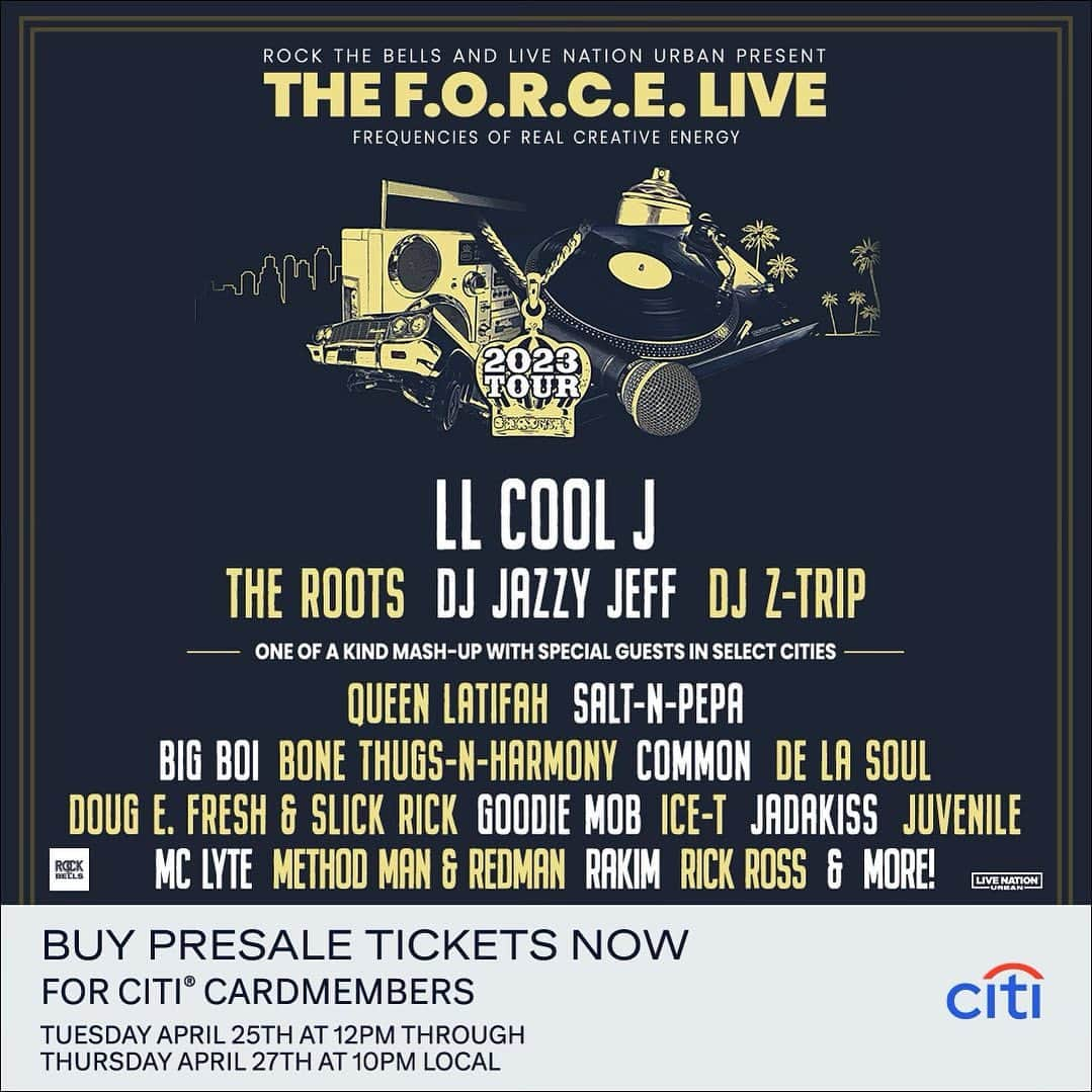 LL・クール・Jのインスタグラム：「The F.O.R.C.E. LIVE. We’re doing the ultimate mashup! One of a kind non-stop beats and rhymes! Special guests and special curation!! Hip-Hop is having a 50th birthday party!! You’re invited! See you there! General tickets are on sale Friday, April 28th at 10AM on rockthebells.com but #CitiPresale tickets for the THE F.O.R.C.E. LIVE are available now for @Citibank cardmembers! Visit citientertainment.com to purchase!」