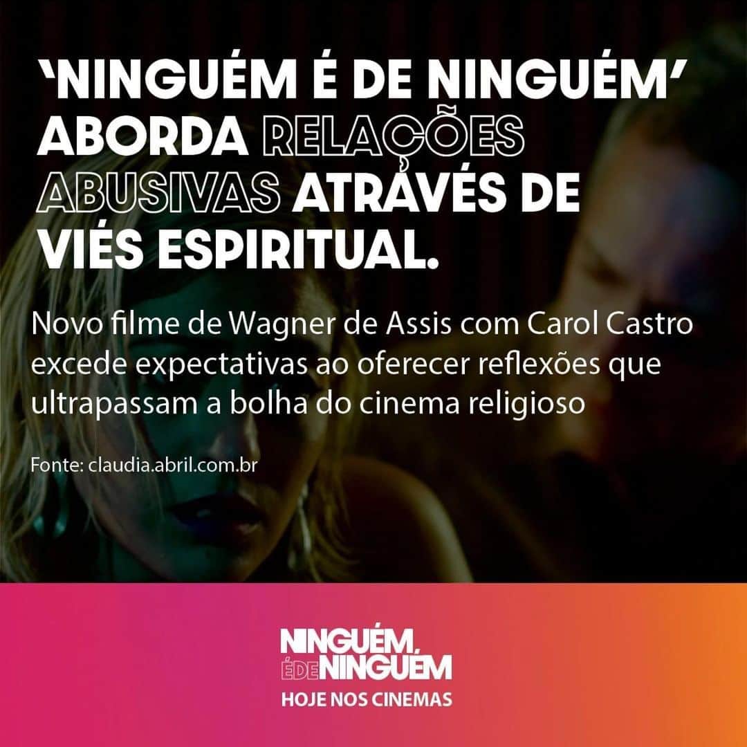 カロウ･カストロのインスタグラム：「Que emoção!!! ❤️ vai assistir, gente!  Repost Via @zibiagasparettoeterna  Na @claudiaonline  “Ninguém é de Ninguém excede expectativas ao oferecer reflexões que ultrapassam a bolha do cinema religioso”  Confira na íntegra crítica que a revista Claudia fez sobre Ninguém é de Ninguém no link abaixo.  Aproveite e compre já seu ingresso para ter essa experiência hoje exclusivamente nos cinemas.  https://claudia.abril.com.br/cultura/ninguem-e-de-ninguem-filme-critica/」