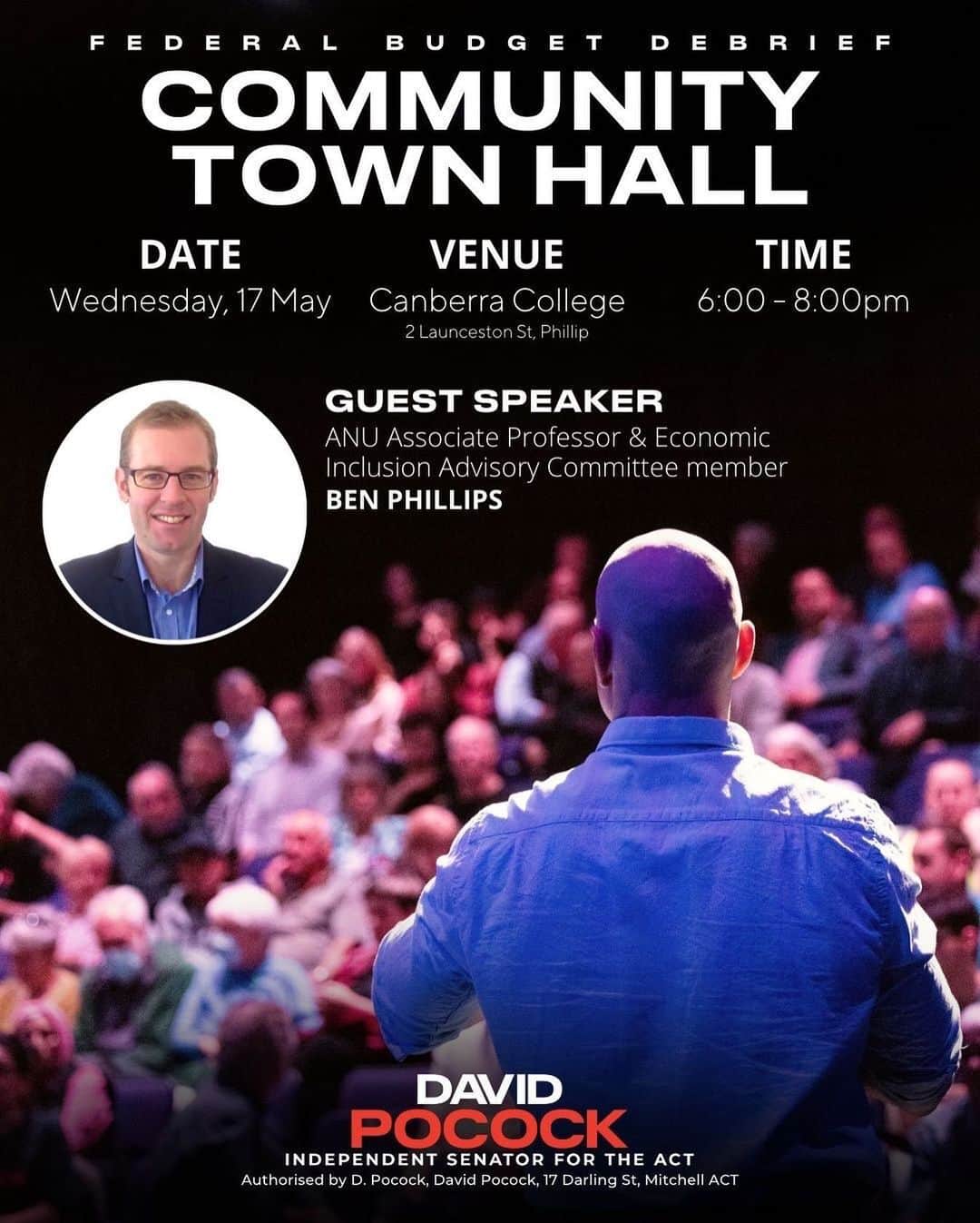 デビッド・ポーコックのインスタグラム：「My next Community Town Hall in Woden is coming up in just a few weeks.  We'll be joined by ANU Associate Professor, Ben Phillips, to discuss announcements from the Federal budget and I'll be ready to discuss any questions you have.   Tap the link in my bio to RSVP and come and join the conversation.」