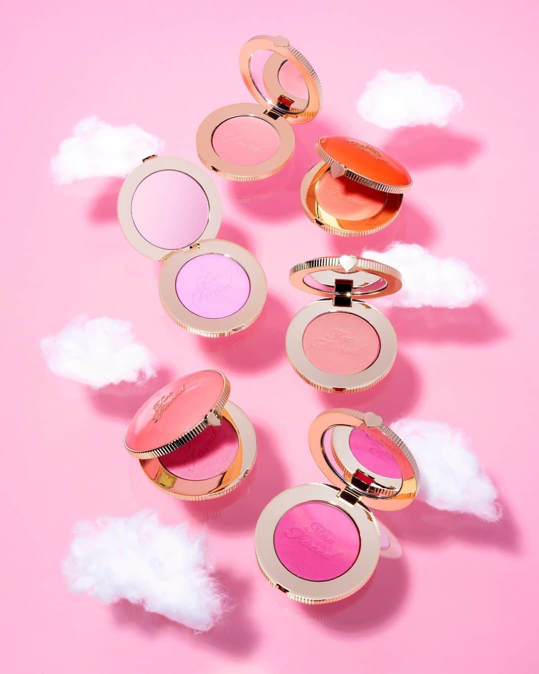 Too Facedのインスタグラム：「Gorgeous, cruelty-free blushes?! Yes please 😍 Which Cloud Crush Blush is calling your name!? 💖☁️ Shop now from @macys ✨  Candy Clouds Velvet Crush Tequila Sunset Head in the Clouds Golden Hour Watermelon Rain   #toofaced #blush #tfcrueltyfree」