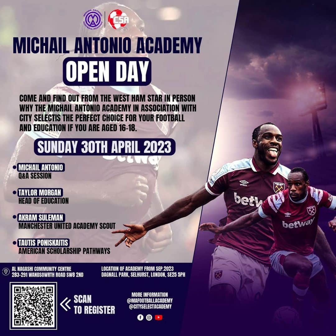 マイケル・アントニオのインスタグラム：「Academy official Open day  Great day to come down and get a insight on the academy on the day we have   •Q&A with Michail Antonio himself  •Brief by our head of education  •Manchester United scout talk  •American scholarship opportunities   16-18 years old link is in our bio  #youth #michailantonio」