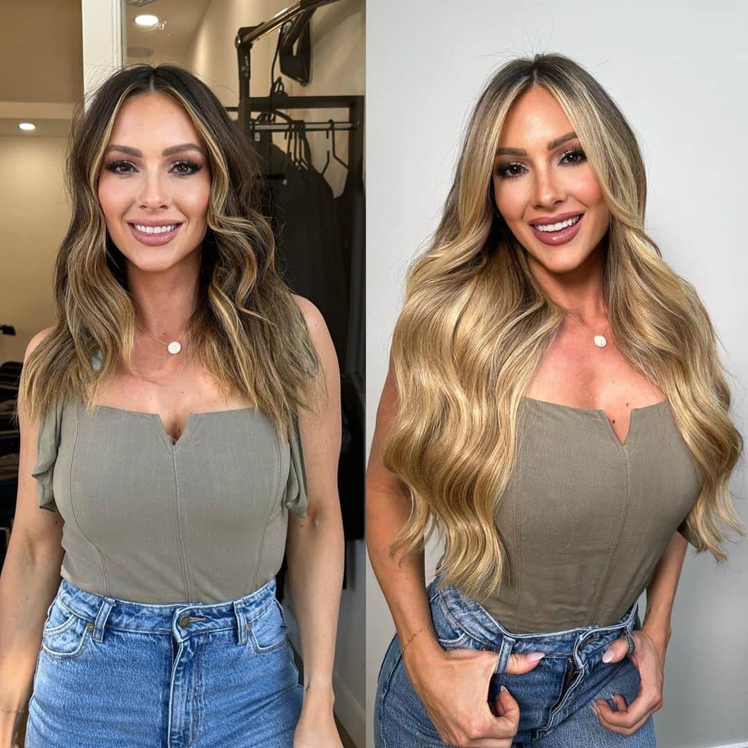 Paige Hathawayのインスタグラム：「👈🏼 LEFT OR RIGHT 👉🏼 COMMENT BELOW THE HAIRSTYLE YOU PREFER!  stylist: @coloredbyacowboy client: @paigehathaway extensions: @hairlingerie  Stay tuned for the whole step by step process launching on @refinery29 June 8th!   #hairtransformation #extensions #makeover #behindthechair #maneaddicts #livedinhair」