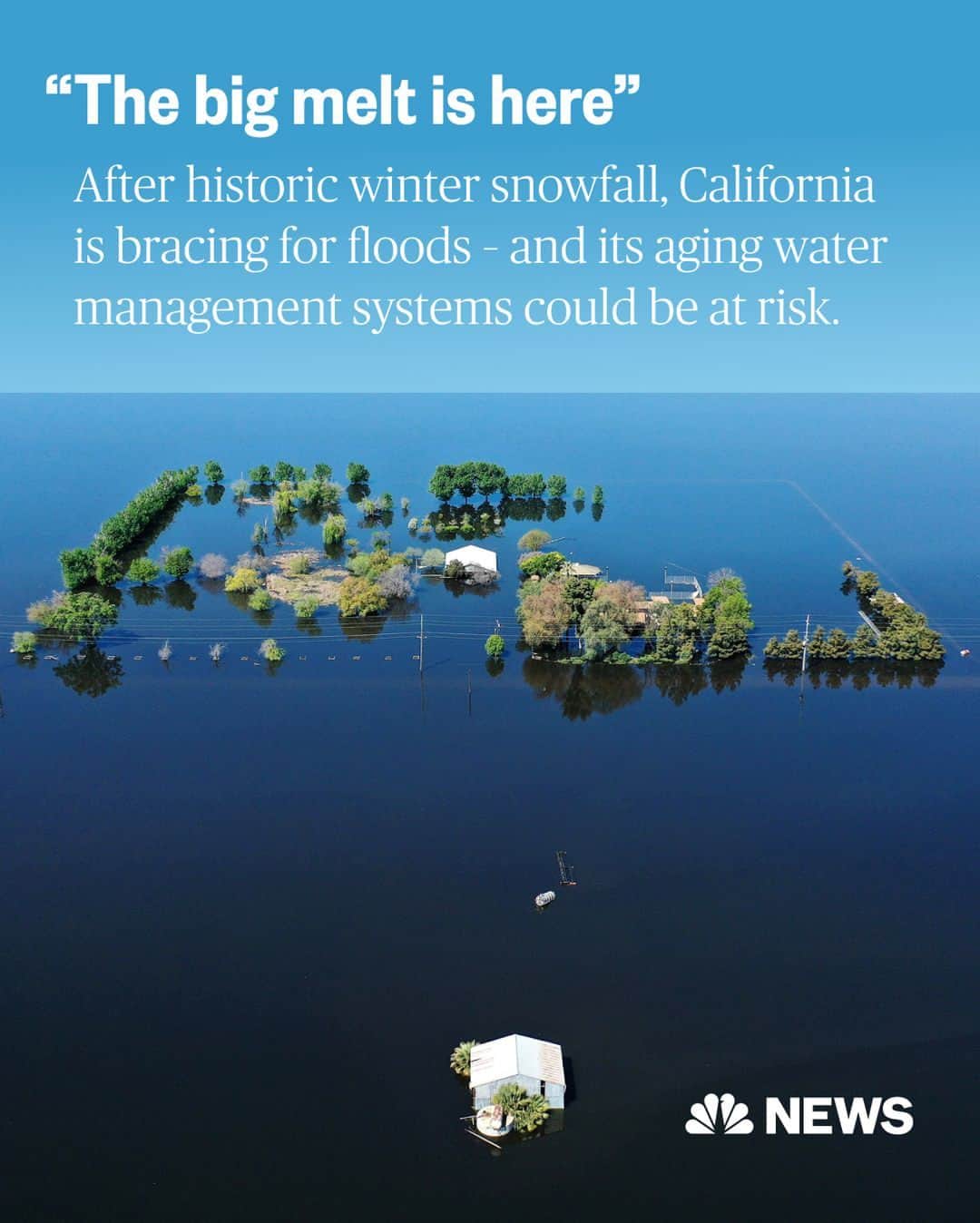 NBC Newsさんのインスタグラム写真 - (NBC NewsInstagram)「California’s water woes could soon get worse.  After weeks of nervous anticipation in California’s Central Valley, a massive pulse of snowmelt is expected to flow out of the Sierra Nevada this week, challenging levees and raising the risk of another round of damaging flooding.   California’s high peaks stored historic amounts of snowfall this winter in the southern Sierra as more than a dozen atmospheric river storms battered the state with rainfall and caused billions of dollars in damage from landslides, avalanches and river flooding. Now, the water stored as mountain snow will begin to flow into saturated valleys and already swollen rivers.   “The big melt is now here,” a climate scientist said. “This week is going to be an exclamation point on the warming process.”  Learn more at the link in bio.  🖌️ @nbcnewsgraphics」4月28日 1時06分 - nbcnews