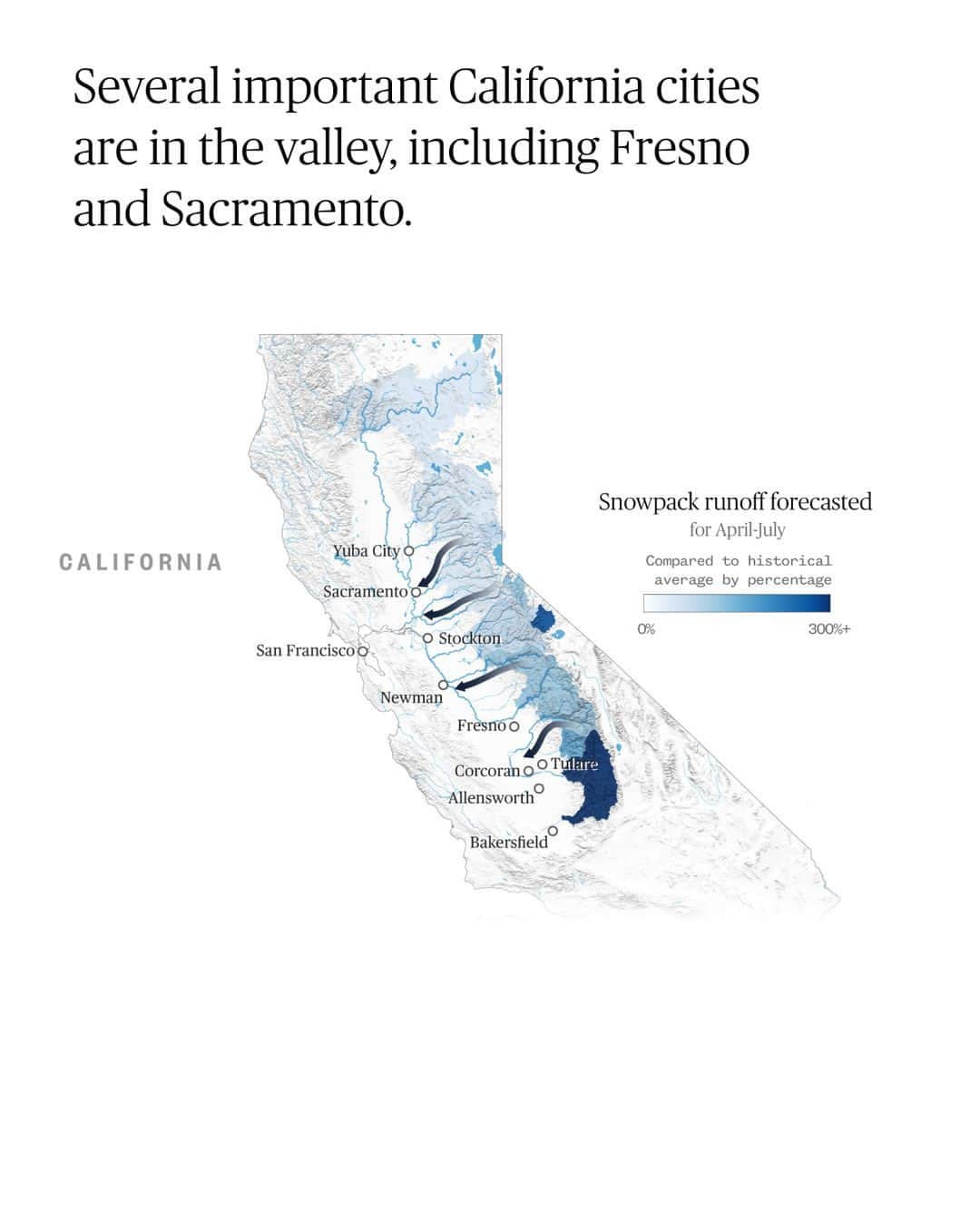 NBC Newsさんのインスタグラム写真 - (NBC NewsInstagram)「California’s water woes could soon get worse.  After weeks of nervous anticipation in California’s Central Valley, a massive pulse of snowmelt is expected to flow out of the Sierra Nevada this week, challenging levees and raising the risk of another round of damaging flooding.   California’s high peaks stored historic amounts of snowfall this winter in the southern Sierra as more than a dozen atmospheric river storms battered the state with rainfall and caused billions of dollars in damage from landslides, avalanches and river flooding. Now, the water stored as mountain snow will begin to flow into saturated valleys and already swollen rivers.   “The big melt is now here,” a climate scientist said. “This week is going to be an exclamation point on the warming process.”  Learn more at the link in bio.  🖌️ @nbcnewsgraphics」4月28日 1時06分 - nbcnews