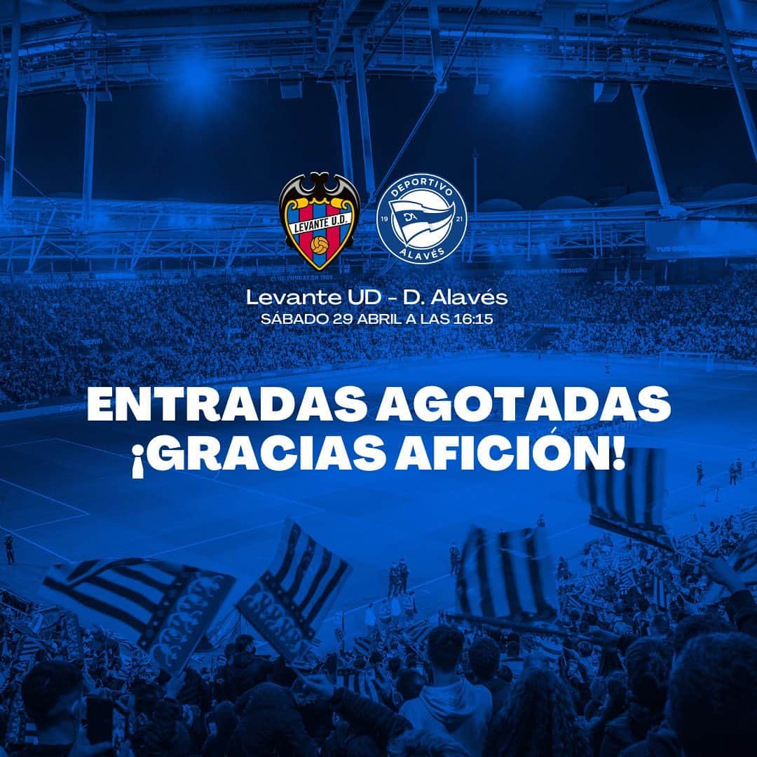 レバンテUDのインスタグラム：「𝑬𝒏𝒕𝒓𝒂𝒅𝒂𝒔 𝑨𝒈𝒐𝒕𝒂𝒅𝒂𝒔 🙌🏻  ¡Gracias por hacerlo posible, afición!   #LevanteAlavés 🔛  • @grupomarcosautomocion @macron @sesderma @baleariaferry @amstel_es @cocacola_esp」