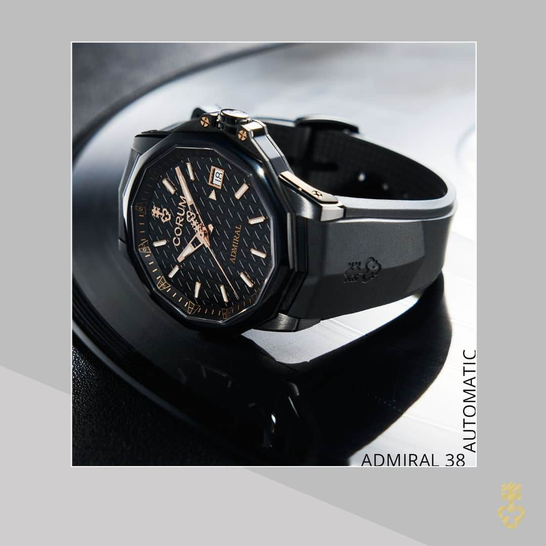 コルムのインスタグラム：「Sporty and casual at the same time #Admiral 38 Automatic full black highlighted with a touch of gold color - Ref. A082/04368 - 082.202.95/F371 AN25 - Discover online: shorturl.at/gsQW1 - #CorumWatches #RiskIsTheReward」