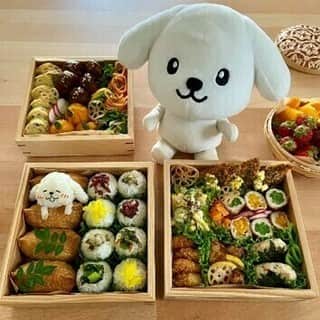 ダスキン ダス犬【公式】のインスタグラム：「. 【アートdeダス犬♪ハンドクラフト企画】  ぽかぽか陽気な春がやってきた！！ お外で遊ぶことがとっても楽しい季節✨  ダス犬たちはピクニックへ行くために おいしそうなおかずがたくさんでかわいいお弁当を @suzu_iku さんに作ってもらったよ🍴  みんなはどれから食べる？？😋  #お弁当 #行楽シーズン到来 #ダス犬弁当 お弁当監修　@suzu_iku」