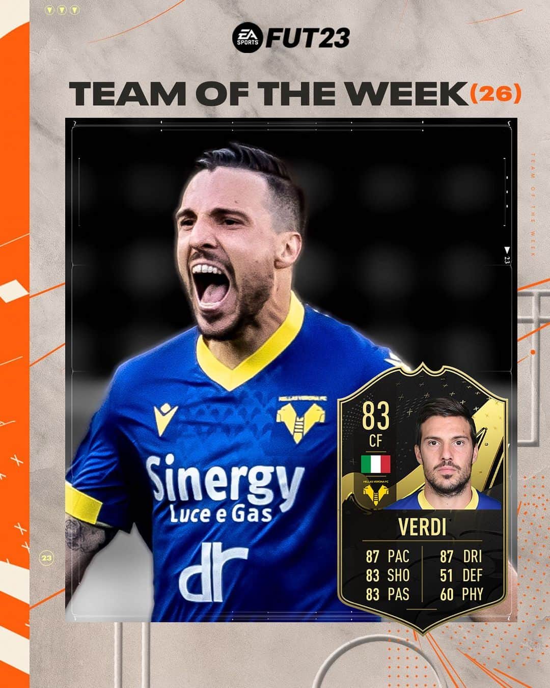 エラス・ヴェローナFCのインスタグラム：「SIMONE 𝗩𝗘𝗥𝗗𝗜 è nel #TOTW grazie alla sua prestazione in #VeronaBologna 🔥  Disponibile ora su #FUT 🎮💛💙  @easportsfifa @easportsfifa.it @hvfcesports」