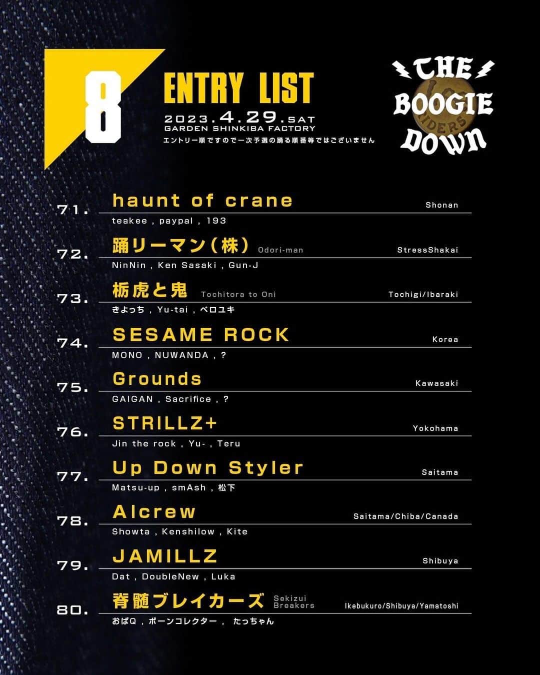 Dancers Collectionさんのインスタグラム写真 - (Dancers CollectionInstagram)「THE BOOGIE DOWN By Lee コールアウトタイム  こちらに見たい対戦等のリクエストも受付ます。  エントリーの受付は締切ました。  イレギュラーのご質問やエントリー漏れは当店のHPよりよろしくお願い致します。  ★予選から対戦相手選べるコールアウトシステムも導入します。 27日から受付予定です。  メンバー決まって無くてもエントリーだけ先にも受付ますが、3人揃う様にお願いします。 バトルの順番が早まります。  『THE BOOGIE DOWN by Lee』 ⁡ ブレイキング（ブレイクダンス）3vs3バトル ⁡ ヒップホップのファーストジーンズ老舗メーカー「Lee」による初のヒップホップの祭典！ ⁡ 各ジャンルから豪華キャストをお招きして、来年からオリンピックの正式種目として加わる、ブレイキングバトルを開催！ ⁡ ３vs３のフォーマットで記念すべき第1回目のチャンピオンは誰の手に！ ⁡ 豪華ミュージシャンのライブや、DJ陣は全てレコードのみでプレイしてダンスバトルを展開！  HIP HOP50周年イベントで全てのエレメンツを堪能できるJAM💥 ⁡ ◇日程 : 4月29日〔土〕 ◇場所 : GARDEN新木場FACTORY ◇時間 : 12:00 - 21:00〔予定〕 ◇イベント名 :THE BOOGIE DOWN ◇内容 : BREAKING BATTLE 3 vs 3 ◇優勝賞金300,000円 その他、トロフィー、協賛各社より豪華賞品 ・準優勝 : 100,000円 その他 協賛各社より豪華賞品 ⁡ ◇JUDGES ・KEN SWIFT / 7 GEMS From NYC ・KAZUHIRO / ALL AREA / O.G.S ・WATA / THE FLOORRIORZ / TAKE NOTICE ・JUST FIT / CONCLUSION CREW ・TENPACHI / BGSK / DEAD STOCK ・ISSEI / FOUNDNATION ⁡ ◇DJ’s ALL VINYL USE 〔NO PC NO CDJ〕 ・MURO / KING OF DIGGIN’ ・DJ JIN / RHYMESTER / breakthrough ・DJ KOCO aka SHIMOKITA ・TEE / READY TO ROCK ・KOGATAROO / BREAKWELL RECORDS ・JUN aka funkyman ⁡ ◇サイドコンテンツ EAST COAST vs WEST COAST JAPAN ALL STAR’s BATTLE ★レジェンドから若手迄のオールスター対決  ◇ LEGENDS ALL STARS  ・TOKYO BBOYS  ・MYSTIC MOVERS  ・CHANNELS ・B★5 CREW  ・ B ROCK CREW ・ TOKYO BE BOP CREW ・ FLOOR MASTERS ・ ROCK STEADY CREW  ・ RAVERS  ・ JUNGLE ALL STARS ・ SPARTANIC ROCKERS ・IMPERIAL BREAK MASTERS ・AST BREAKERS ・ANGEL DUST BREAKERS ⁡ ・DJ BEAT ⁡ ◇MC LIVE / RAPPER ・TWIGY ⁡ ◇MUSIC LIVE ・SUPER BREAK ORCHESTRA ⁡ ◇LIVE PAINT ・TAKU OBATA ・TOMI-E / A.C.C.  ◇ FOOD & DRINKS ・ BAHAMA KITCHEN  ⁡ -------------------------------- ⁡ #dancerscollection #tokyo #harajyuku #streetdance #dancer #hiphop #bboy #bgirl #poppin #lockin #breakin #house #graffiti #misic #mixcd #book #original #print #stitch #accessary #order ⁡ #theboogiedown #lee #leejeans」4月27日 20時32分 - dancerscollection