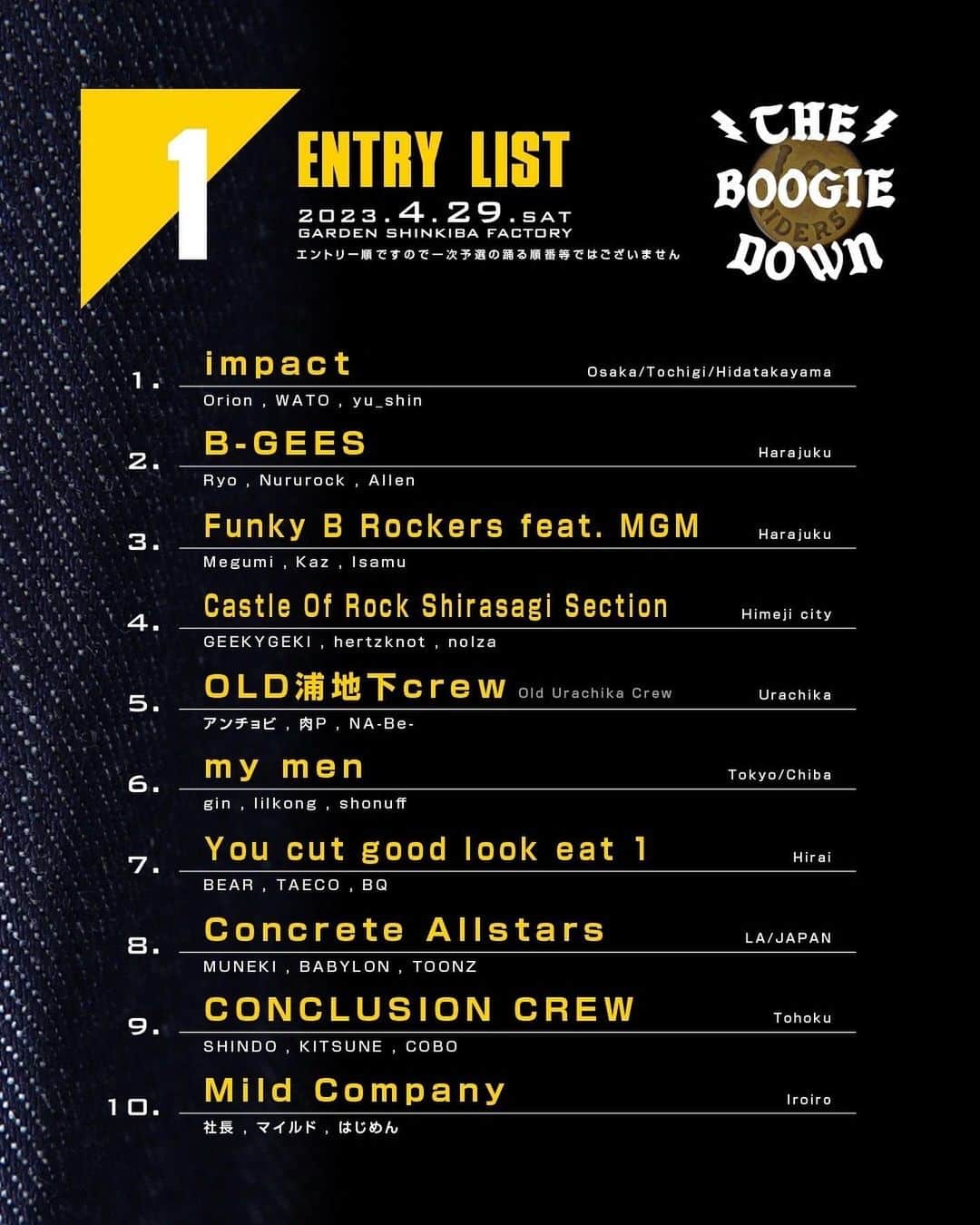 Dancers Collectionさんのインスタグラム写真 - (Dancers CollectionInstagram)「THE BOOGIE DOWN By Lee コールアウトタイム  こちらに見たい対戦等のリクエストも受付ます。  エントリーの受付は締切ました。  イレギュラーのご質問やエントリー漏れは当店のHPよりよろしくお願い致します。  ★予選から対戦相手選べるコールアウトシステムも導入します。 27日から受付予定です。  メンバー決まって無くてもエントリーだけ先にも受付ますが、3人揃う様にお願いします。 バトルの順番が早まります。  『THE BOOGIE DOWN by Lee』 ⁡ ブレイキング（ブレイクダンス）3vs3バトル ⁡ ヒップホップのファーストジーンズ老舗メーカー「Lee」による初のヒップホップの祭典！ ⁡ 各ジャンルから豪華キャストをお招きして、来年からオリンピックの正式種目として加わる、ブレイキングバトルを開催！ ⁡ ３vs３のフォーマットで記念すべき第1回目のチャンピオンは誰の手に！ ⁡ 豪華ミュージシャンのライブや、DJ陣は全てレコードのみでプレイしてダンスバトルを展開！  HIP HOP50周年イベントで全てのエレメンツを堪能できるJAM💥 ⁡ ◇日程 : 4月29日〔土〕 ◇場所 : GARDEN新木場FACTORY ◇時間 : 12:00 - 21:00〔予定〕 ◇イベント名 :THE BOOGIE DOWN ◇内容 : BREAKING BATTLE 3 vs 3 ◇優勝賞金300,000円 その他、トロフィー、協賛各社より豪華賞品 ・準優勝 : 100,000円 その他 協賛各社より豪華賞品 ⁡ ◇JUDGES ・KEN SWIFT / 7 GEMS From NYC ・KAZUHIRO / ALL AREA / O.G.S ・WATA / THE FLOORRIORZ / TAKE NOTICE ・JUST FIT / CONCLUSION CREW ・TENPACHI / BGSK / DEAD STOCK ・ISSEI / FOUNDNATION ⁡ ◇DJ’s ALL VINYL USE 〔NO PC NO CDJ〕 ・MURO / KING OF DIGGIN’ ・DJ JIN / RHYMESTER / breakthrough ・DJ KOCO aka SHIMOKITA ・TEE / READY TO ROCK ・KOGATAROO / BREAKWELL RECORDS ・JUN aka funkyman ⁡ ◇サイドコンテンツ EAST COAST vs WEST COAST JAPAN ALL STAR’s BATTLE ★レジェンドから若手迄のオールスター対決  ◇ LEGENDS ALL STARS  ・TOKYO BBOYS  ・MYSTIC MOVERS  ・CHANNELS ・B★5 CREW  ・ B ROCK CREW ・ TOKYO BE BOP CREW ・ FLOOR MASTERS ・ ROCK STEADY CREW  ・ RAVERS  ・ JUNGLE ALL STARS ・ SPARTANIC ROCKERS ・IMPERIAL BREAK MASTERS ・AST BREAKERS ・ANGEL DUST BREAKERS ⁡ ・DJ BEAT ⁡ ◇MC LIVE / RAPPER ・TWIGY ⁡ ◇MUSIC LIVE ・SUPER BREAK ORCHESTRA ⁡ ◇LIVE PAINT ・TAKU OBATA ・TOMI-E / A.C.C.  ◇ FOOD & DRINKS ・ BAHAMA KITCHEN  ⁡ -------------------------------- ⁡ #dancerscollection #tokyo #harajyuku #streetdance #dancer #hiphop #bboy #bgirl #poppin #lockin #breakin #house #graffiti #misic #mixcd #book #original #print #stitch #accessary #order ⁡ #theboogiedown #lee #leejeans」4月27日 20時32分 - dancerscollection
