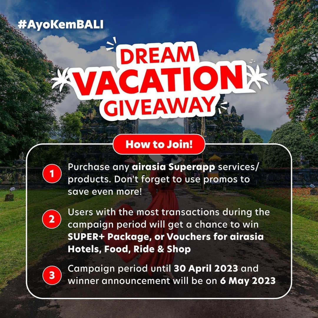 エアアジアさんのインスタグラム写真 - (エアアジアInstagram)「‼️GIVEAWAY‼️  It’s #revengetravel this 2023! Here’s your chance to get your much deserved vacation! #ayokembali ✨  Promo period: Now - 30 April 2023 T&Cs apply.」4月27日 20時37分 - airasiasuperapp