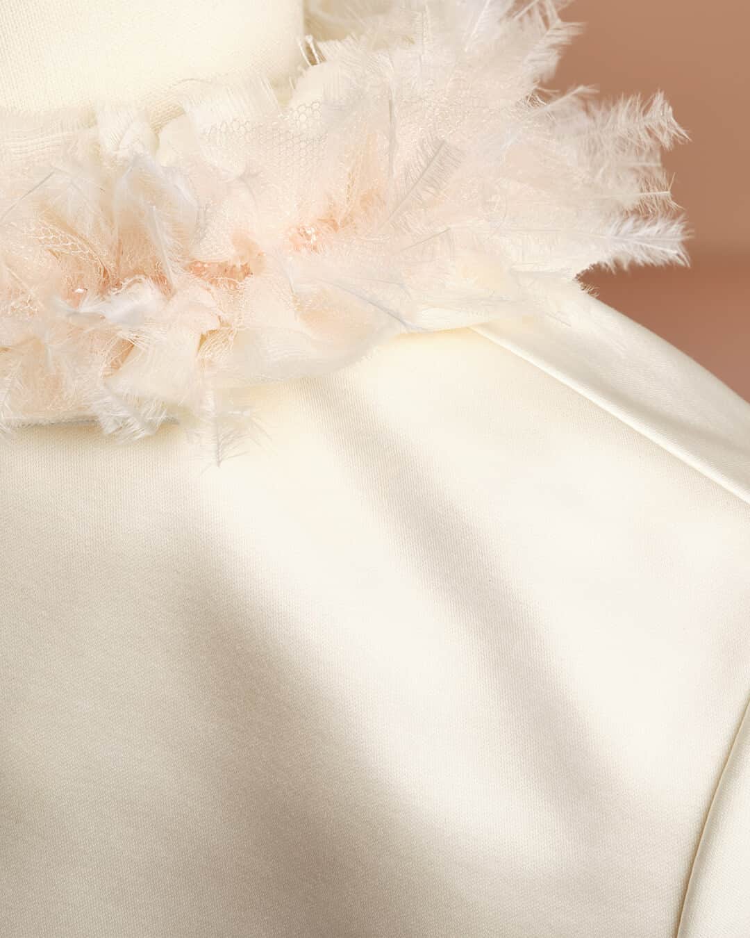 bonpointのインスタグラム：「Bonpoint Couture SS23 | Light as a feather. ​ Hand-embroidered collar of feathers, tulle and sparkly pearls on a dreamy satin vest and its matching couture shorts. ​  #Bonpoint #BonpointSS23 #Couture」