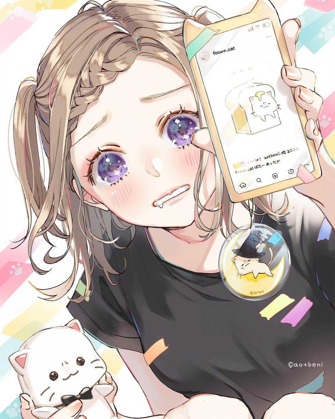 青十紅のインスタグラム：「みけんねこ大好きマステちゃん みけんねこアカウントができてとっても興奮したようで 良かったね🫶🐾 @frown.cat   ☑︎アクリルアートになりました ☑︎マステちゃんSETグッズあります . .. ... #oc #art #illustration #drawing #kawaii #digitalart #插畫 #貓 #イラストレーター #イラストグラム  #絵 #画 #ねこ #推し #女の子」