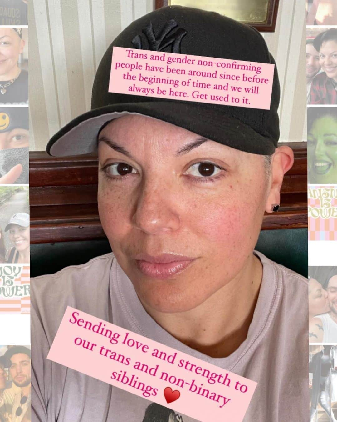 サラ・ラミレスのインスタグラム：「Grateful to build with theys, shes and hes who genuinely authentically are a We. Thank you. Ya’ll know who you are.  . . 1. Sara serious selfie looking into camera, wearing a black ballcap, dusty pink shirt, two pink squares above/below my face that say:”Trans and gender non-confirming people have been around since before the beginning of time and we will always be here. Get used to it.”, and “Sending love to our trans and non-binary siblings♥️”. Faded pics from Sara’s photo album on either side of pic. . 2. Video: Transmas @blacktransliberation 2022, @trudy0nduty walking a cup of water to Sara at one of many tables that night, lots of beautiful tgcn fam taking up space and sharing in our joy and passion for community building and strengthening.  . 3. Pic of @qween_jean @kamyothekidd honoring @ohhbrent for all his appreciated efforts for BTL community (and his furry baby Birkin), at Transmas 2022 @blacktransliberation  . 4. Pic of @joules.huang.duze being honored at Transmas 2022 by @qween_jean for all their appreciated efforts and contributions to @blacktransliberation community  . 5. Pic of @qween_jean at Transmas 2022 honoring @lovingaweirdo for all his appreciated efforts and contributions to @blacktransliberation community  . 6. Video of @troyanthonymusic at last nights Vigil and BTL kitchen @blacktransliberation playing a song on the black upright piano, Troy co-wrote with the extraordinary @adriennemareebrown called I Am Free. Tgnc people all around experiencing the power of this music together.  . We are queer, trans, cis and intersex. We are gay, lesbian, bisexual and pansexual. We are men, women and non-binary. Some of us don’t like labels, some of us do. We are Black, Brown, white and mixed. We are not a monolith. We are real people. Regardless of what folks experience through a particular lens that entertains itself when writing and delivering stories about fictional versions of us, we here are real. Our lives matter. And there are many states in the US currently attempting genocide against our trans siblings and most marginalized within the LGBTQIA+ community. Will you join us in the fight for true liberation? What side of history will you be on?」