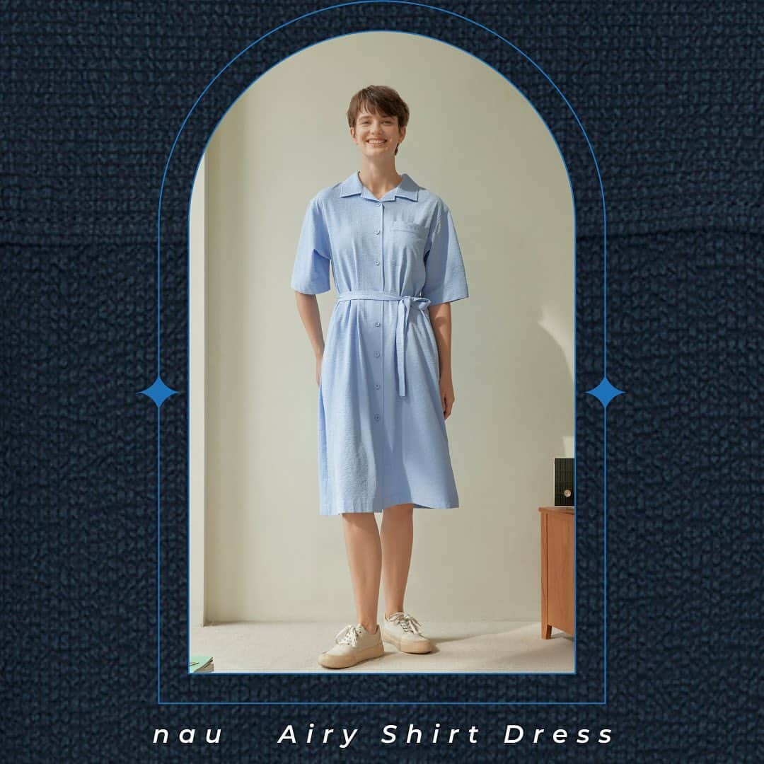 ナウのインスタグラム：「The Airy Shirt Dress has a classic, minimal A-line design that buttons all the way up the front. Wear it belted, not belted, or open like a duster. Made with recycled polyester Seersucker fabric, it's got a fantastic texture and excellent ventilation. This versatile dress will become a staple in your daily warm-weather wardrobe. Plus—it has pockets!   #closetclassics #shirtdress #dresseswithpockets #recycledpolyester #seersuckersandsundresses #seersucker #livenau #springfashion #pnwstyle」