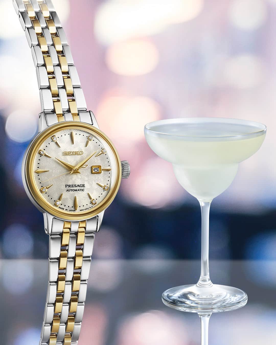 Seiko Watchesさんのインスタグラム写真 - (Seiko WatchesInstagram)「It's (Presage) Cocktail Time! 🍸 - Shaken or stirred? This stunning two-tone timepiece, in a new smaller case size, is the perfect mix of sweet and sophisticated, finished with a splash of diamonds, adding even more flair to the pressed pattern dial.  #SRE010 #Seiko #SeikoPresage」4月28日 3時00分 - seikowatchusa