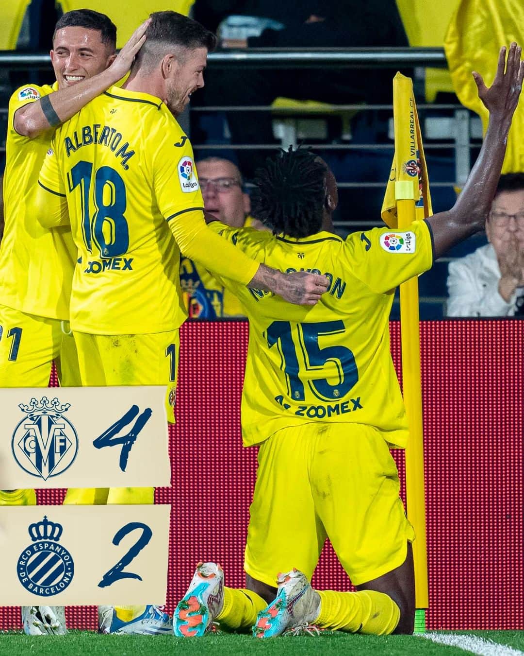 ビジャレアルCFのインスタグラム：「¡FIIIIIINAAAAAAAL y ➕3️⃣!  ¡Remontó el Submarino hasta en dos ocasiones para llevarse tres puntos clave en la lucha por los puestos europeos!  Los goles fueron para Capoue (2), @dani_parejo10 & @jackson.nj11.  #VillarrealEspanyol」