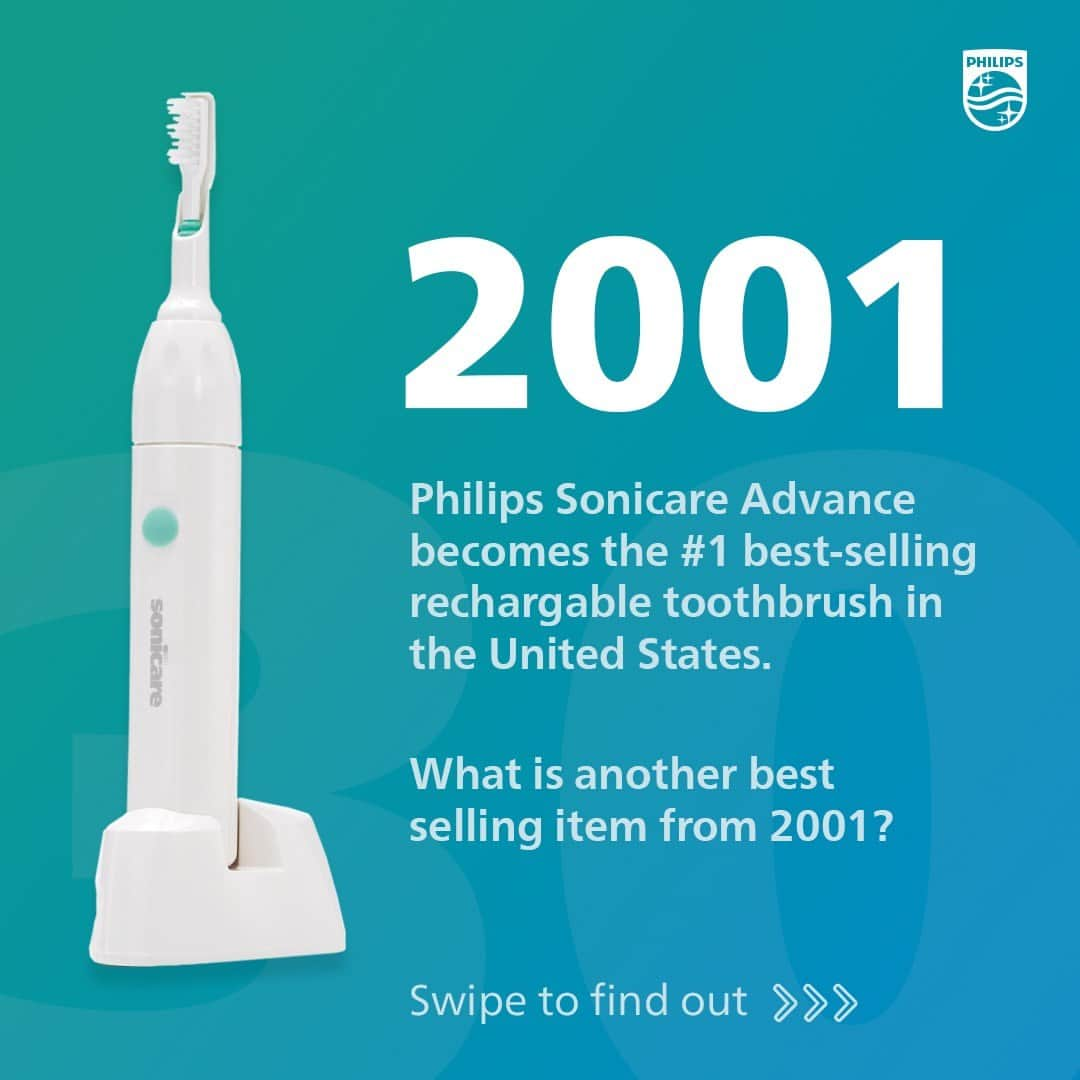 Philips Sonicareのインスタグラム：「We’re celebrating 30 years of Philips Sonicare by throwing it back to key moments in our history and around the world…  📅 In 2001, Philips Sonicare Advance became the #1 best-selling rechargeable toothbrush in the United States.  What else was happening in 2001? Well, an MP3 player was introduced that went on to change the music industry. (Kind of like Philips Sonicare helped change the oral healthcare industry!?)  Do you remember your first MP3 player?   #PhilipsSonicare #30YearsofSonicare #OralHealth」