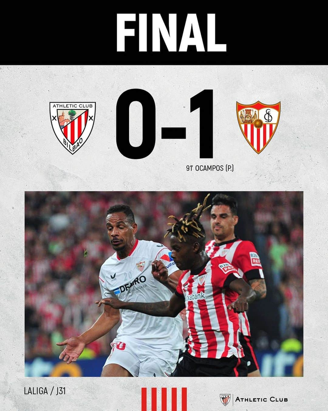 アスレティック・ビルバオさんのインスタグラム写真 - (アスレティック・ビルバオInstagram)「🔚 FINAL I AMAIERA  Derrota del Athletic. El Sevilla se lleva los tres puntos tras marcar de penalti en el tiempo extra. Luzapean erabaki da partida, penaltiz.  #AthleticSevillaFC #AthleticClub 🦁」4月28日 6時58分 - athleticclub