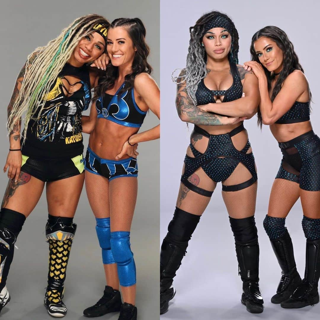 カシー・カタンツァーロのインスタグラム：「Then vs Now.. 4 years in the making.. My day one and my forever Tag Team Partner.. no matter the obstacles we always got each other 🖤 #tagteam #wrestling #bestfriends」