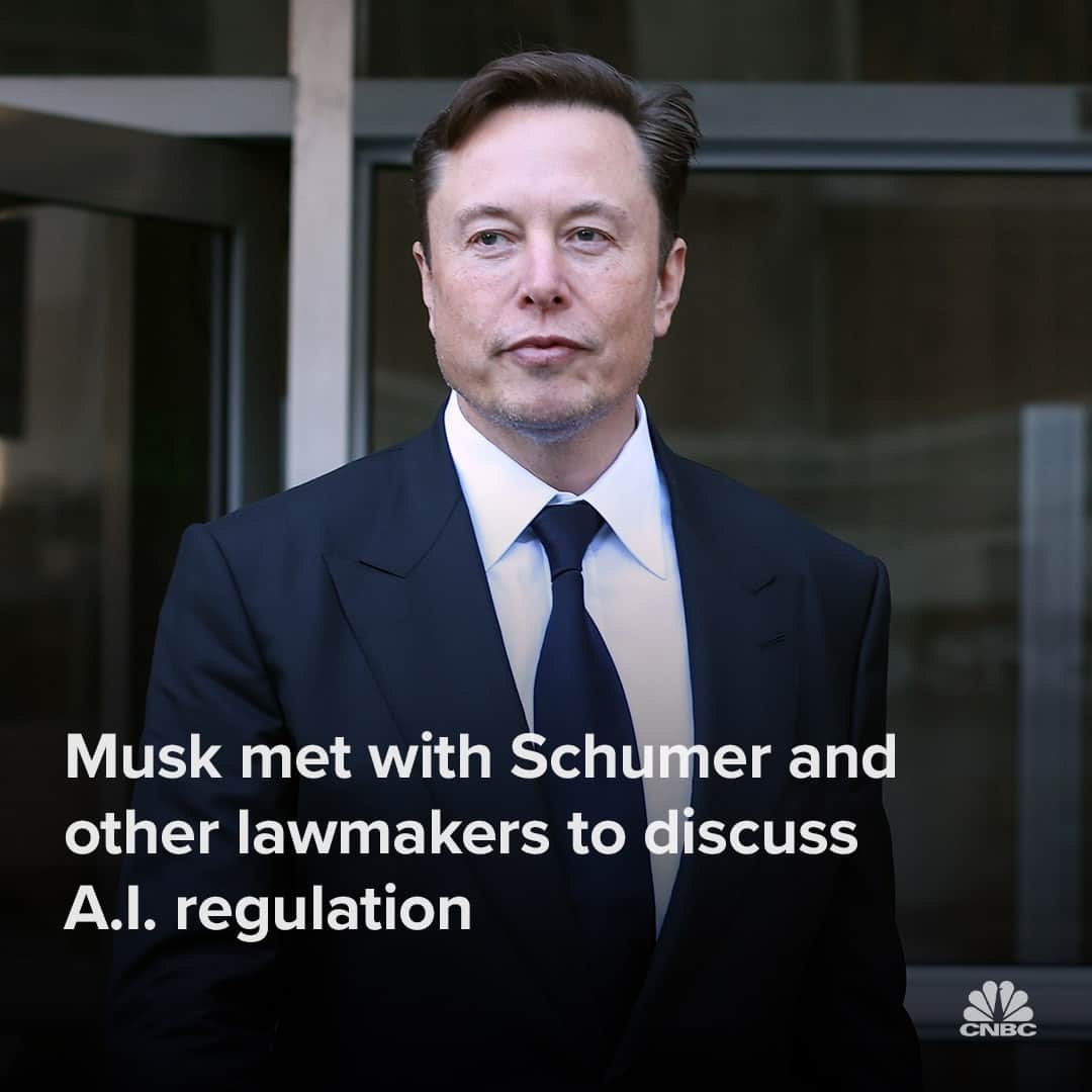 CNBCのインスタグラム：「After being spotted on Capitol Hill on Wednesday, Elon Musk tweeted that he’d met with Senate Majority Leader Chuck Schumer, D-N.Y., and other lawmakers about artificial intelligence regulation.⁠ ⁠ “That which affects safety of the public has, over time, become regulated to ensure that companies do not cut corners,” Musk shared on Twitter. “AI has great power to do good and evil. Better the former.”⁠ ⁠ The meeting comes after Schumer recently launched an effort to develop a new framework to foster the technology while mitigating its biggest risks. Link in bio for more details.」