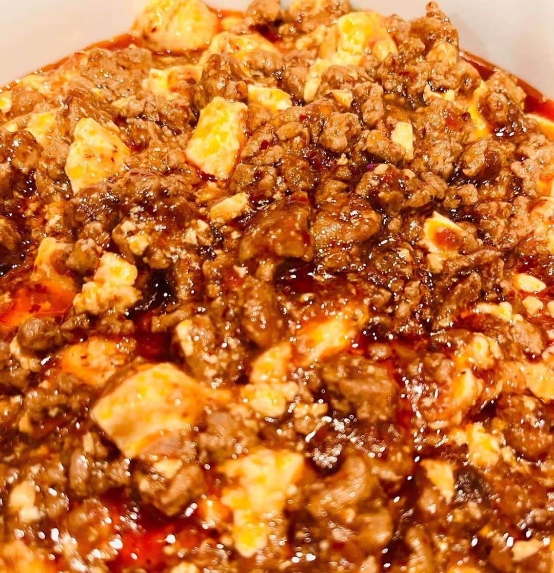 Shinnosukeのインスタグラム：「大汗かいて頑張ったので今夜は激辛麻婆豆腐作った。わたくし、麻婆豆腐好きなんですよ。でも痺れの方が苦手で。なので痺れ抜きでの激辛。京都で買ってきた一味とか他にも色々な激辛唐辛子かけたりしてカスタマイズしたんだけどさ、いや辛すぎたわ！！でも美味い😋  #麻婆豆腐 #激辛 #せっかくシャワー浴びたのに #またしても滝汗 #delicious」