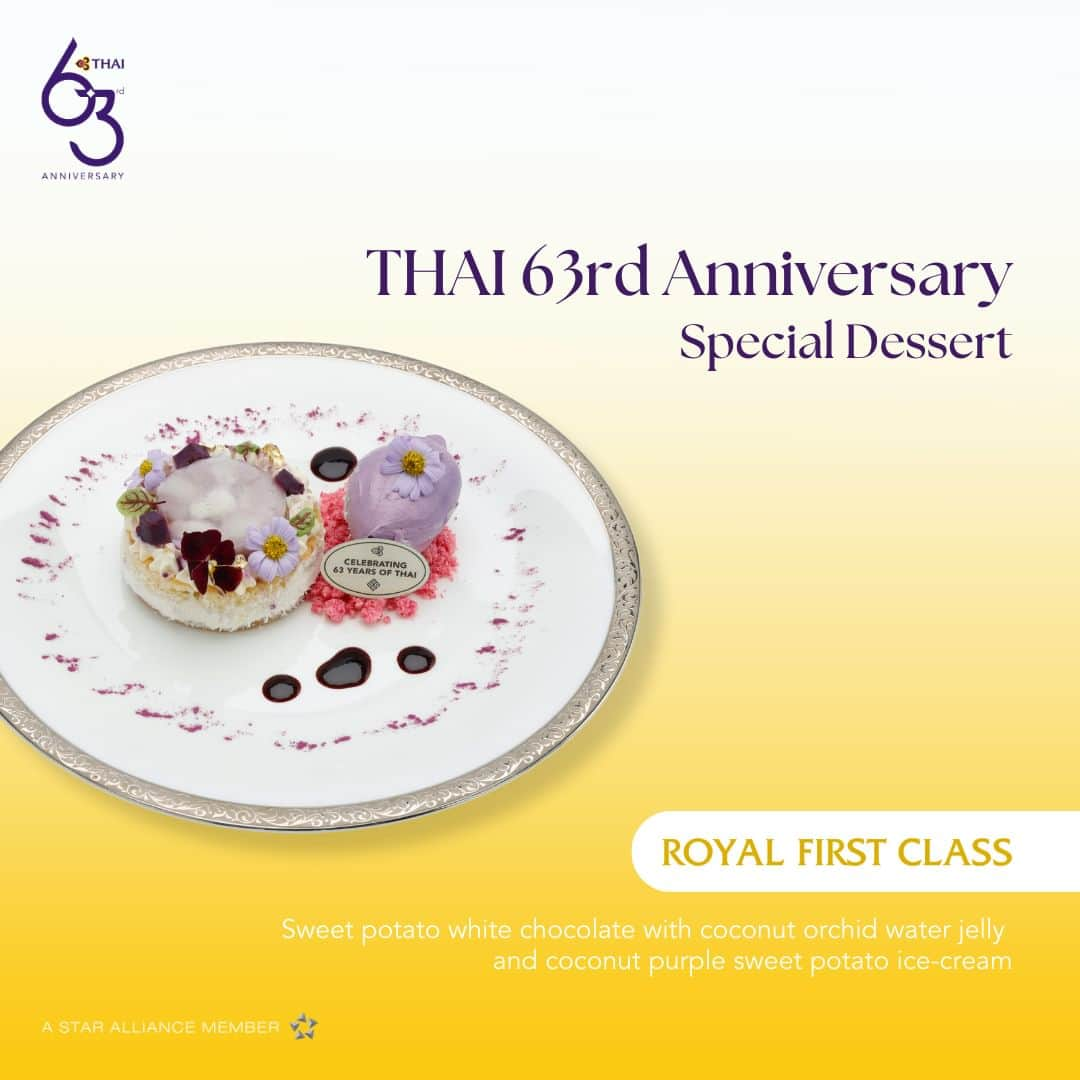 タイ航空のインスタグラム：「Thai Airways International Public Company Limited (THAI) celebrates the auspicious occasion of its 63rd Anniversary by serving delightful desserts after lunch and dinner onboard its outbound flights (except for flights serving breakfast and flights to India) on 1 May 2023 with details as follows:   🥥For Royal First Class passengers: Sweet potato white chocolate with coconut orchid water jelly and coconut purple sweet potato ice-cream.   🫐 For Royal Silk Class passengers: Vanilla white chocolate and blueberry yoghurt cake with blueberry sauce.   🍰 For Economy Class passengers: Vanilla white chocolate and blueberry yoghurt cake with blueberry raspberry sauce.   For more information or flight reservation and ticketing, please visit www.thaiairways.com or contact 0-2356-1111 (24 hours a day). ————————— #ThaiAirways #63rdAnniversary #SpecialMenu #Dessert #Anniversary #HappyAnniversary」