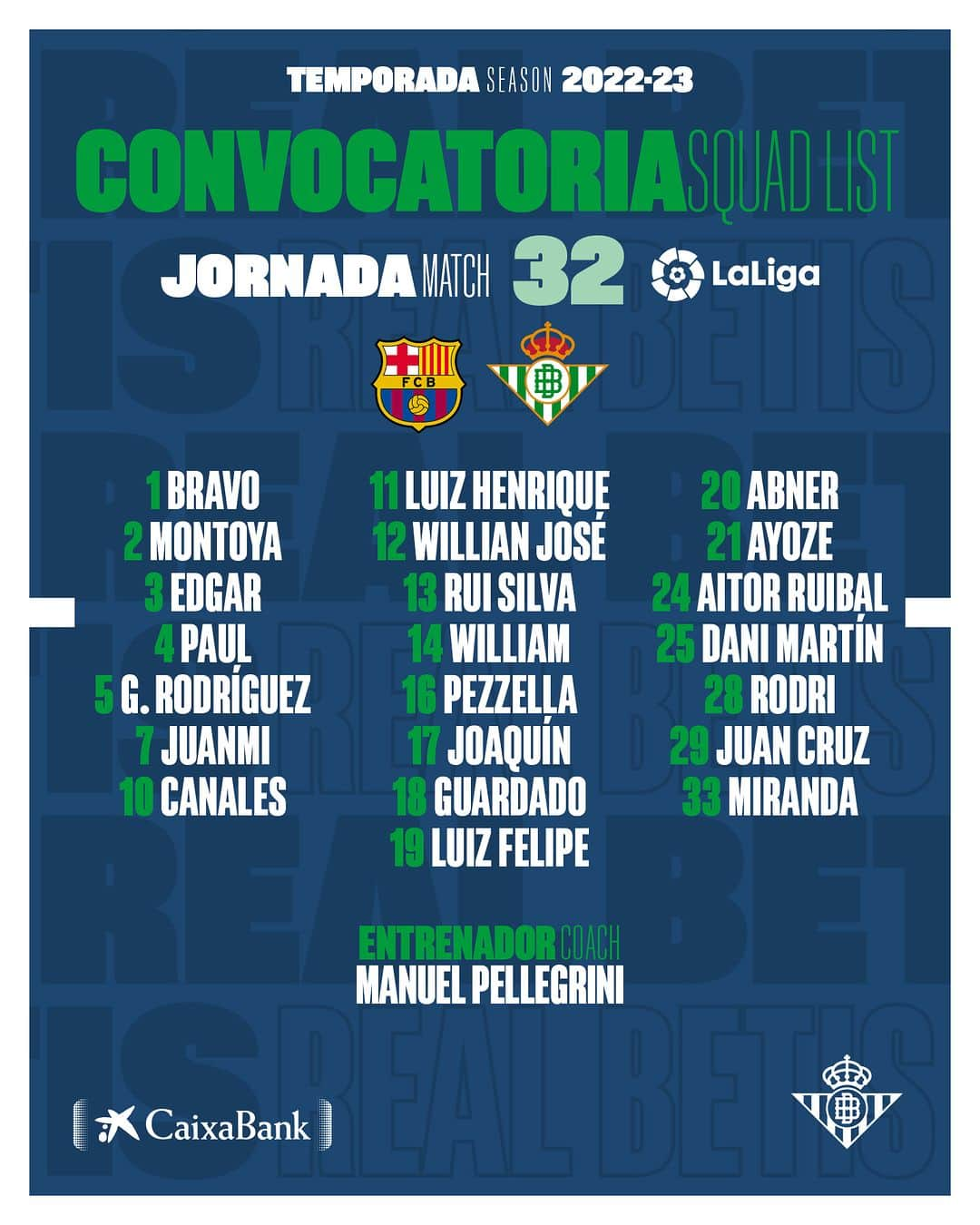 レアル・ベティスさんのインスタグラム写真 - (レアル・ベティスInstagram)「💚💚💚  ¡Nuestra convocatoria para el #BarçaRealBetis! -- Our call-up for #BarçaRealBetis!」4月28日 20時00分 - realbetisbalompie