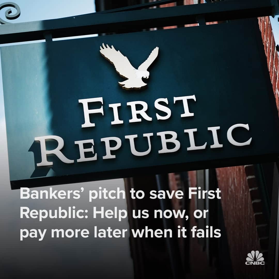 CNBCのインスタグラム：「The best hope for avoiding a collapse of ailing lender First Republic hinges on how persuasive one group of bankers can be with another group of bankers.⁠ ⁠ Advisors to First Republic will attempt to cajole the big U.S. banks who’ve already propped it up into doing one more favor, CNBC has learned. ⁠ ⁠ The pitch will go something like this, according to bankers with knowledge of the situation: Purchase bonds from First Republic at above-market rates for a total loss of a few billion dollars – or face roughly $30 billion in Federal Deposit Insurance Corp. fees when First Republic fails.⁠ ⁠ It’s the latest twist in a weekslong saga sparked by the sudden collapse of Silicon Valley Bank last month. More details at the link in bio.」