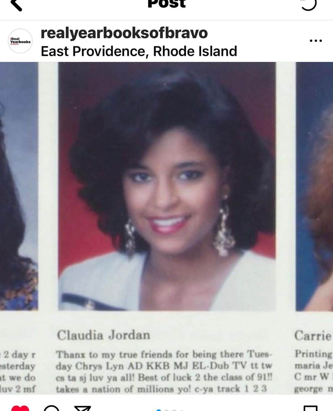 クラウディア・ジョーダンのインスタグラム：「#TBT Senior yearbook photo! 1991 East Providence High School #Townies #401 #OnMyClaireHuxtable」